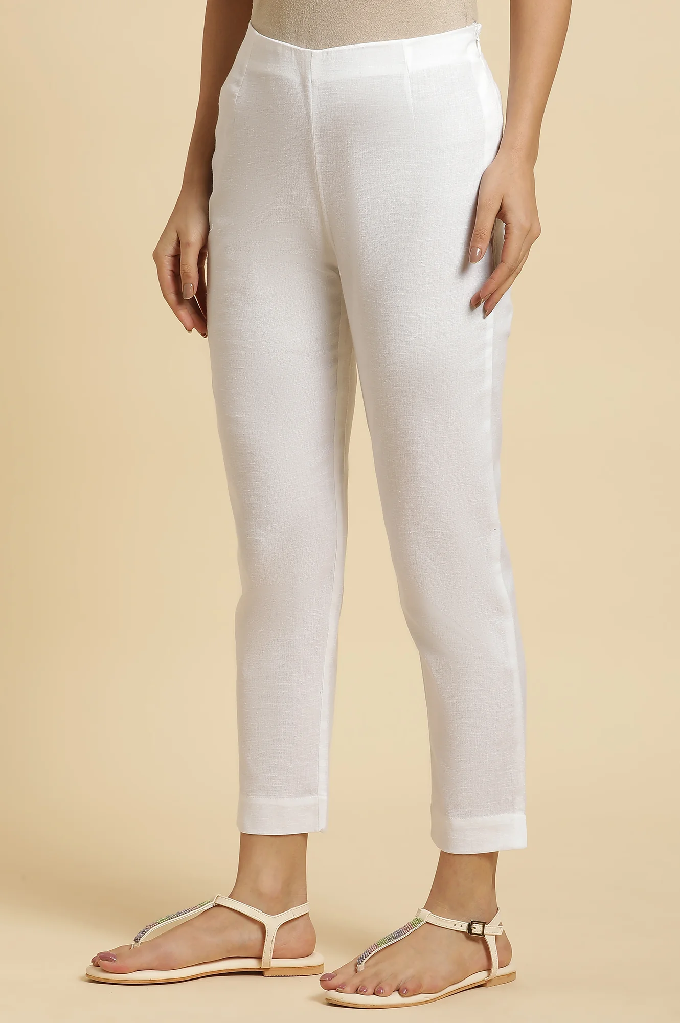 Ecru Solid Cotton Flax Slim Pants - Image 2