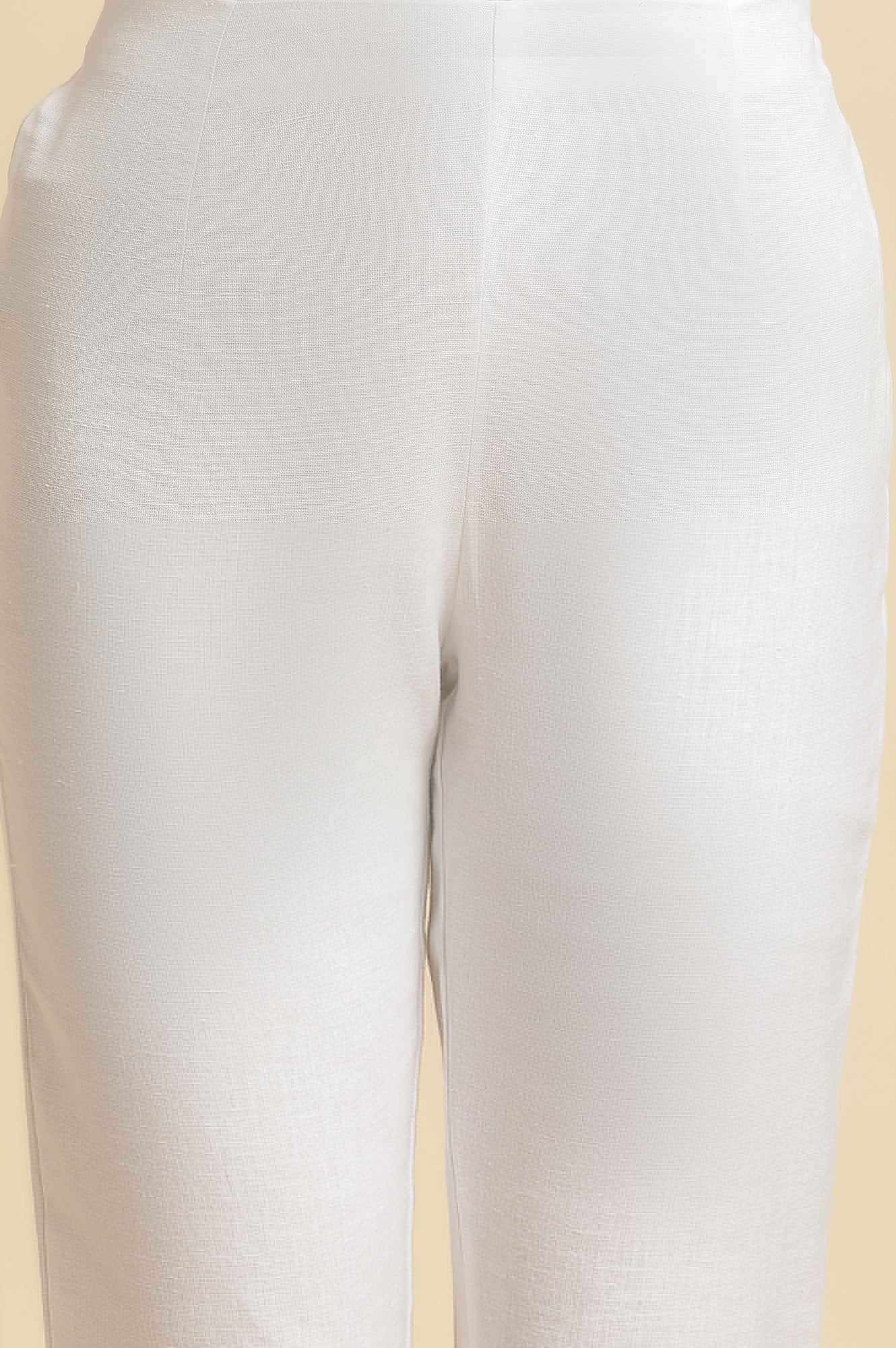 Ecru Solid Cotton Flax Slim Pants - Image 6