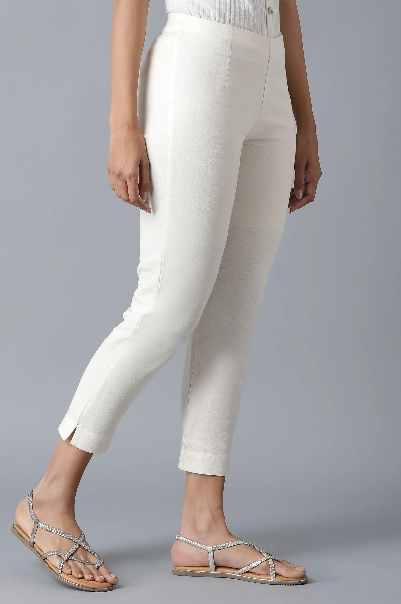 Ecru Solid Slim Pants - Image 4