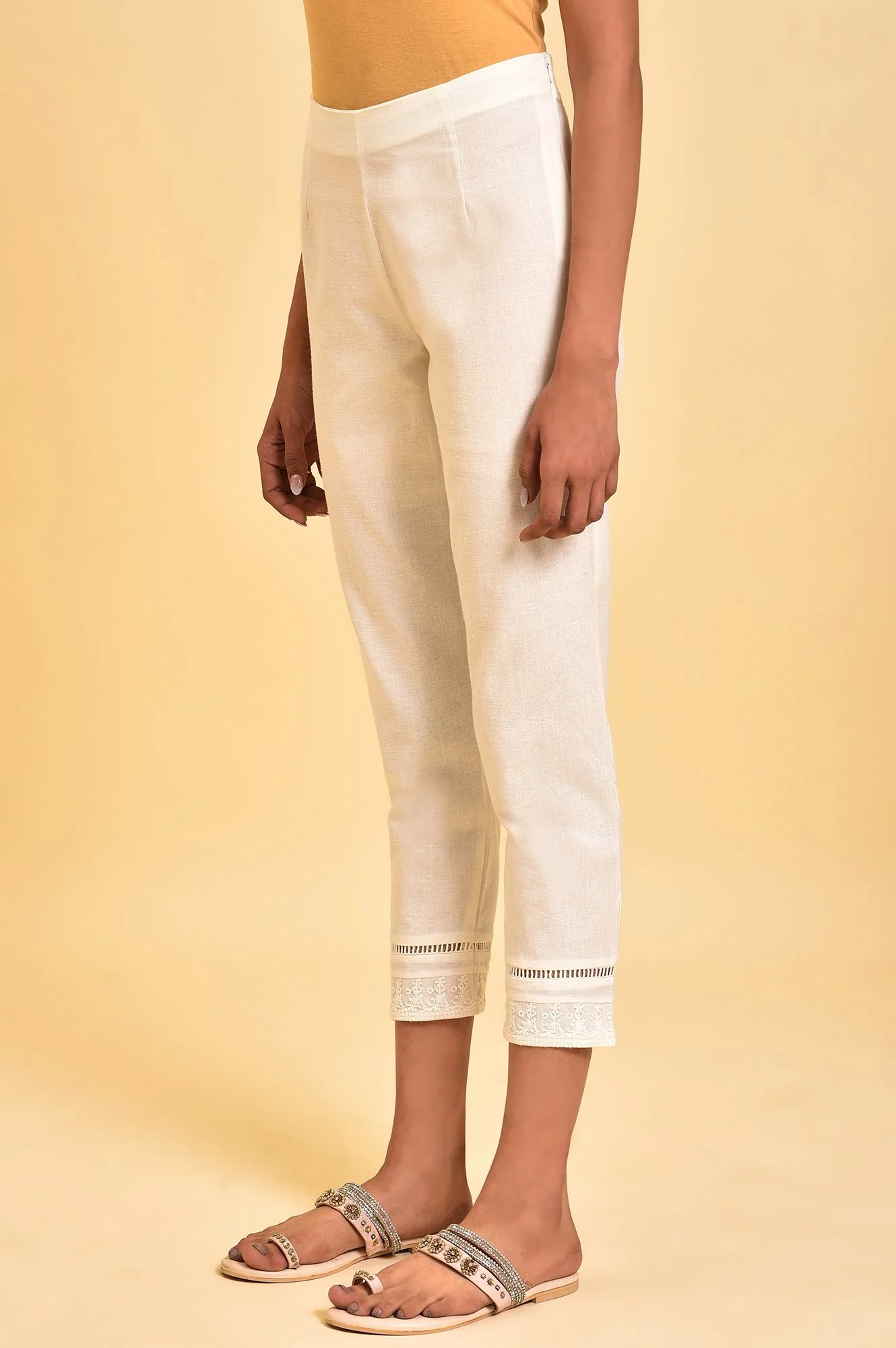 Ecru Solid Slim Pants - Image 3