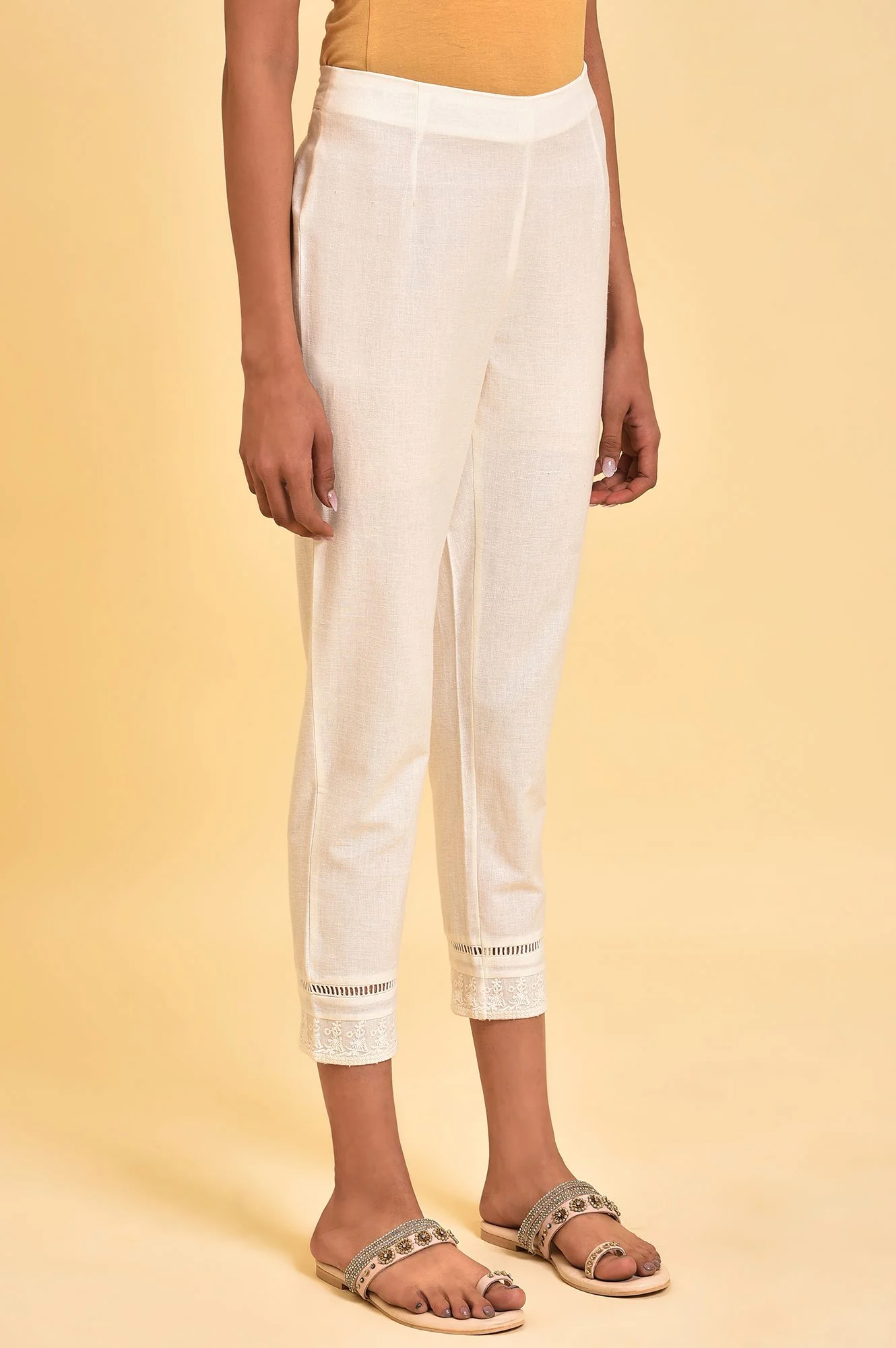 Ecru Solid Slim Pants - Image 4