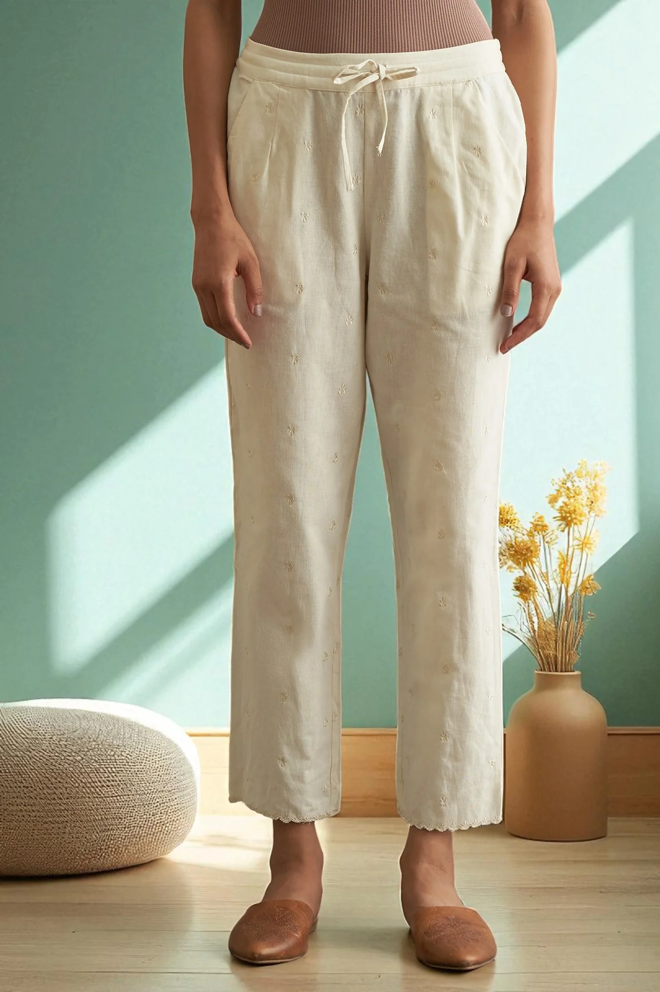 Ecru Solid Straight Pants