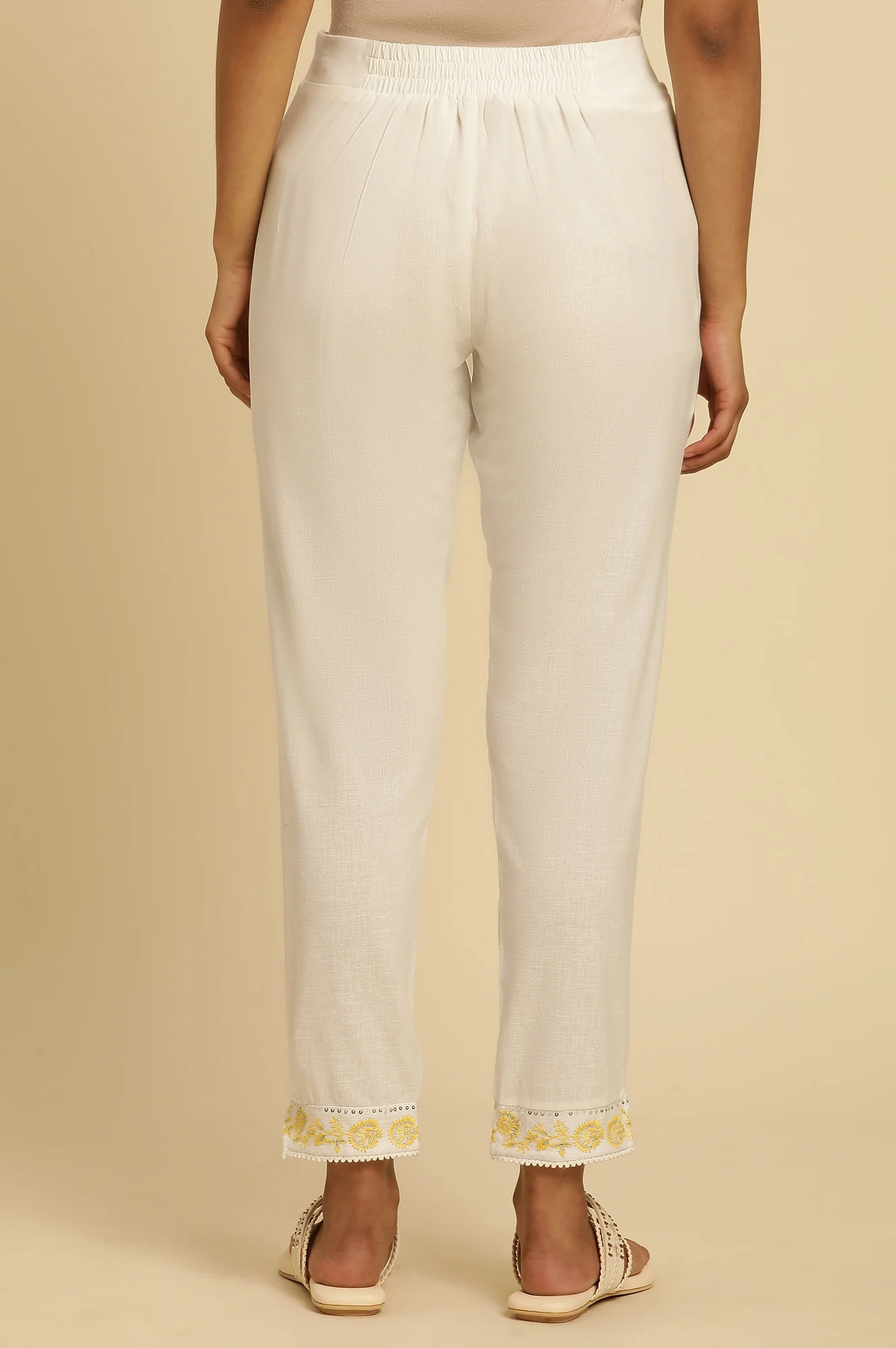 Ecru Solid Straight Pants With Embroidered Hemline - Image 3