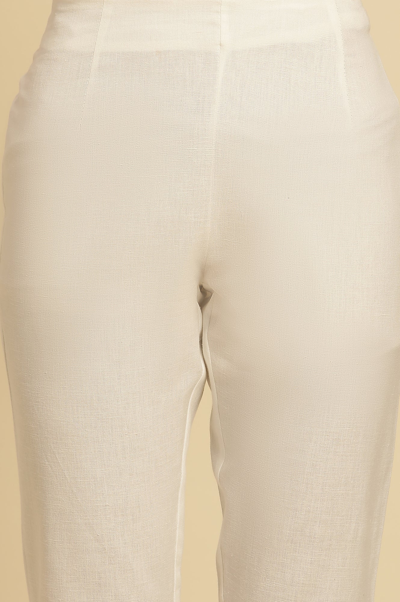 Ecru Solid Straight Pants With Embroidered Hemline - Image 6