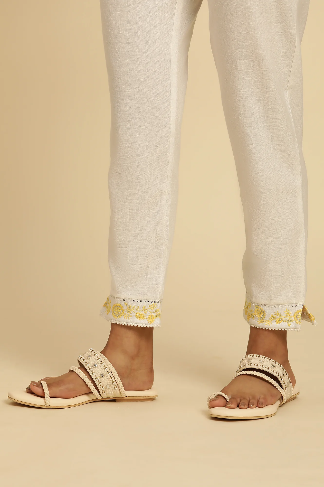 Ecru Solid Straight Pants With Embroidered Hemline - Image 8