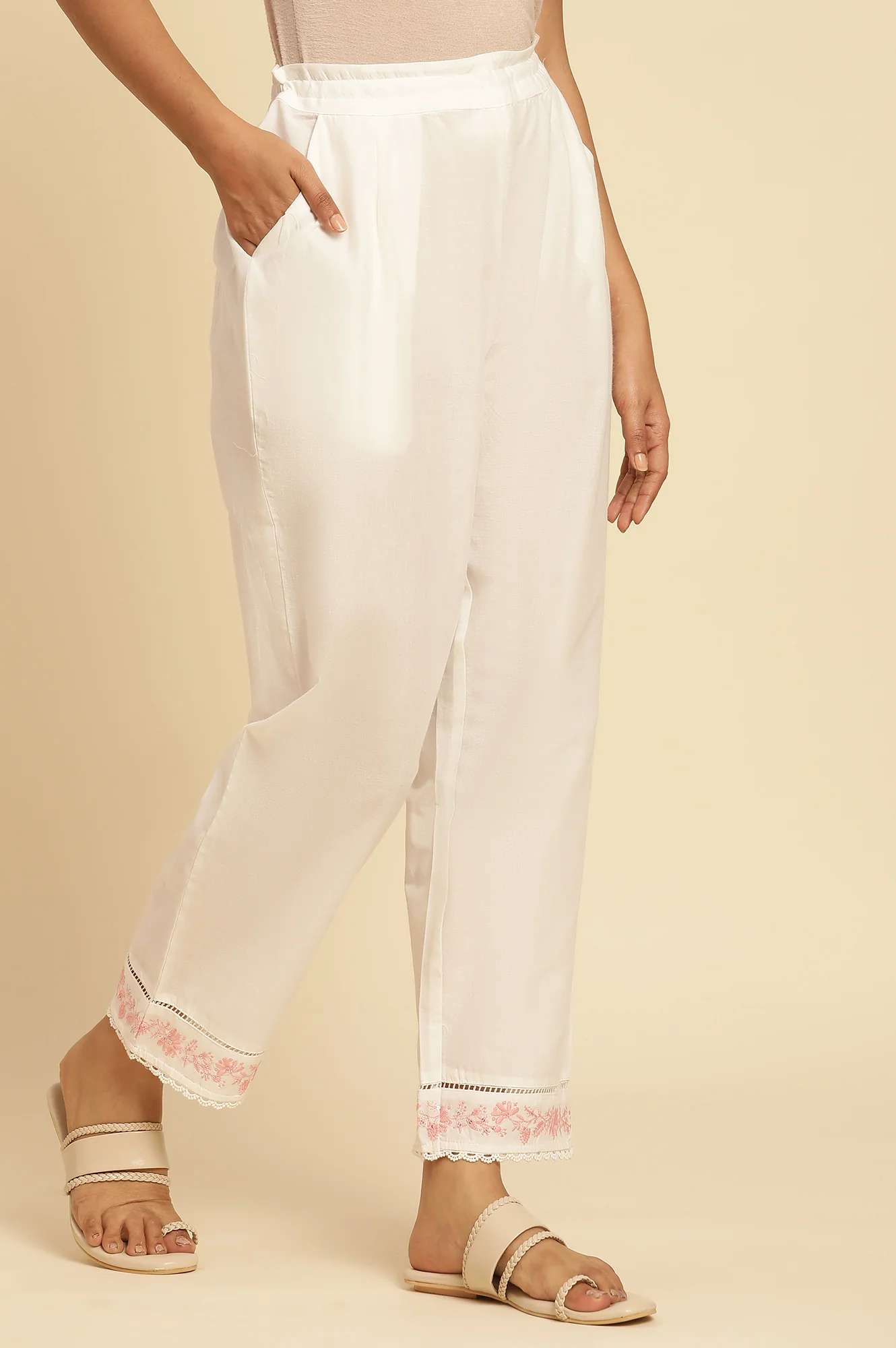 Ecru Solid Straight Pants With Embroidered Hemline - Image 4