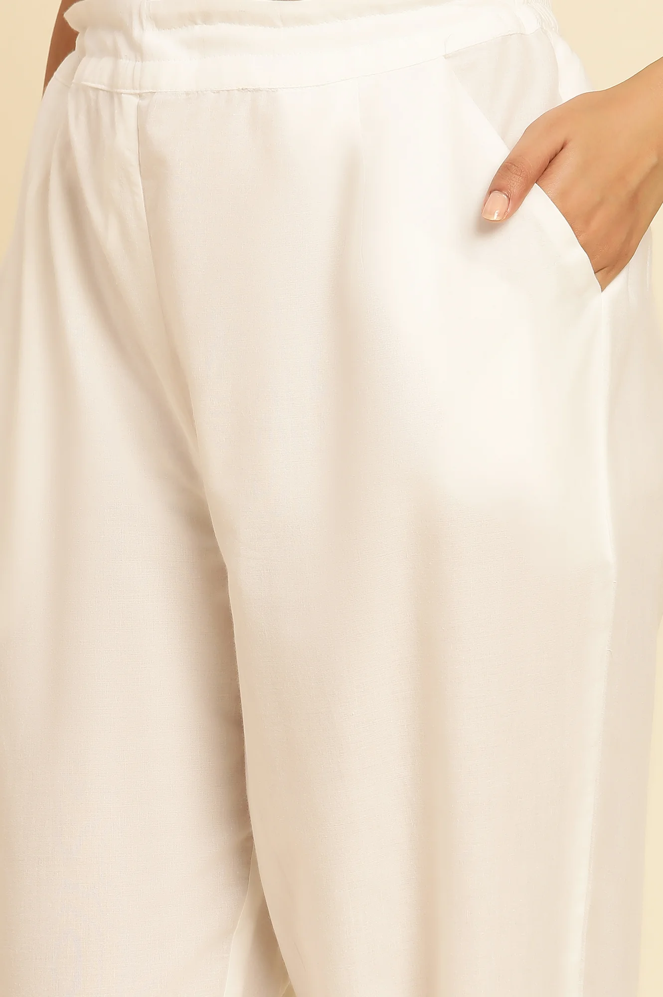 Ecru Solid Straight Pants With Embroidered Hemline - Image 7