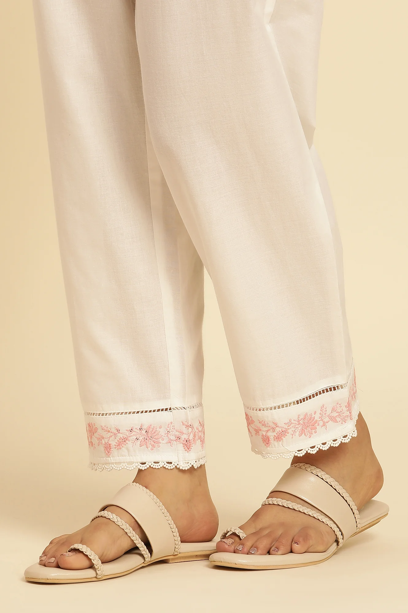 Ecru Solid Straight Pants With Embroidered Hemline - Image 8