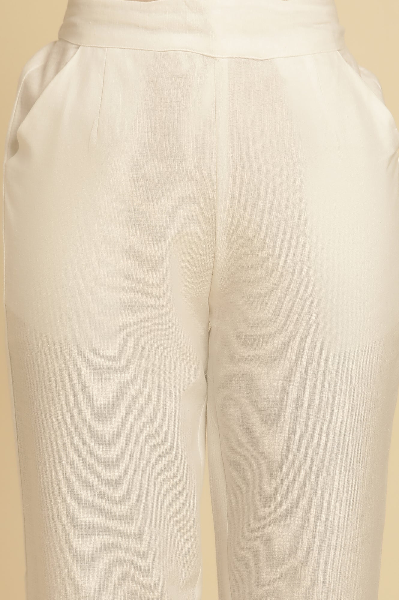 Ecru Solid Straight Pants With Embroidered Hemline - Image 6