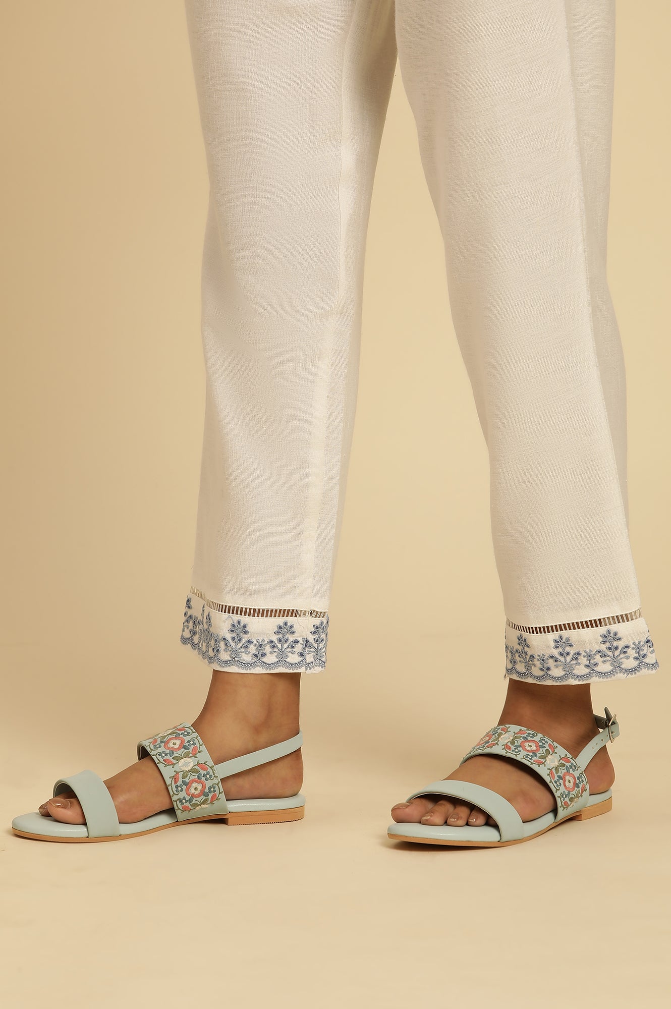 Ecru Solid Straight Pants With Embroidered Hemline - Image 8