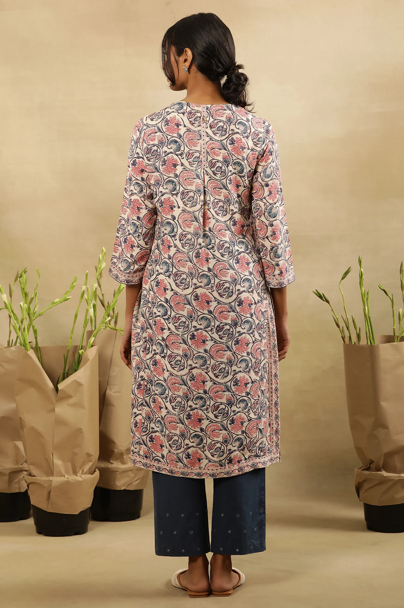 Floral Hand Block Print Kurta In Rayon Flax - Image 4