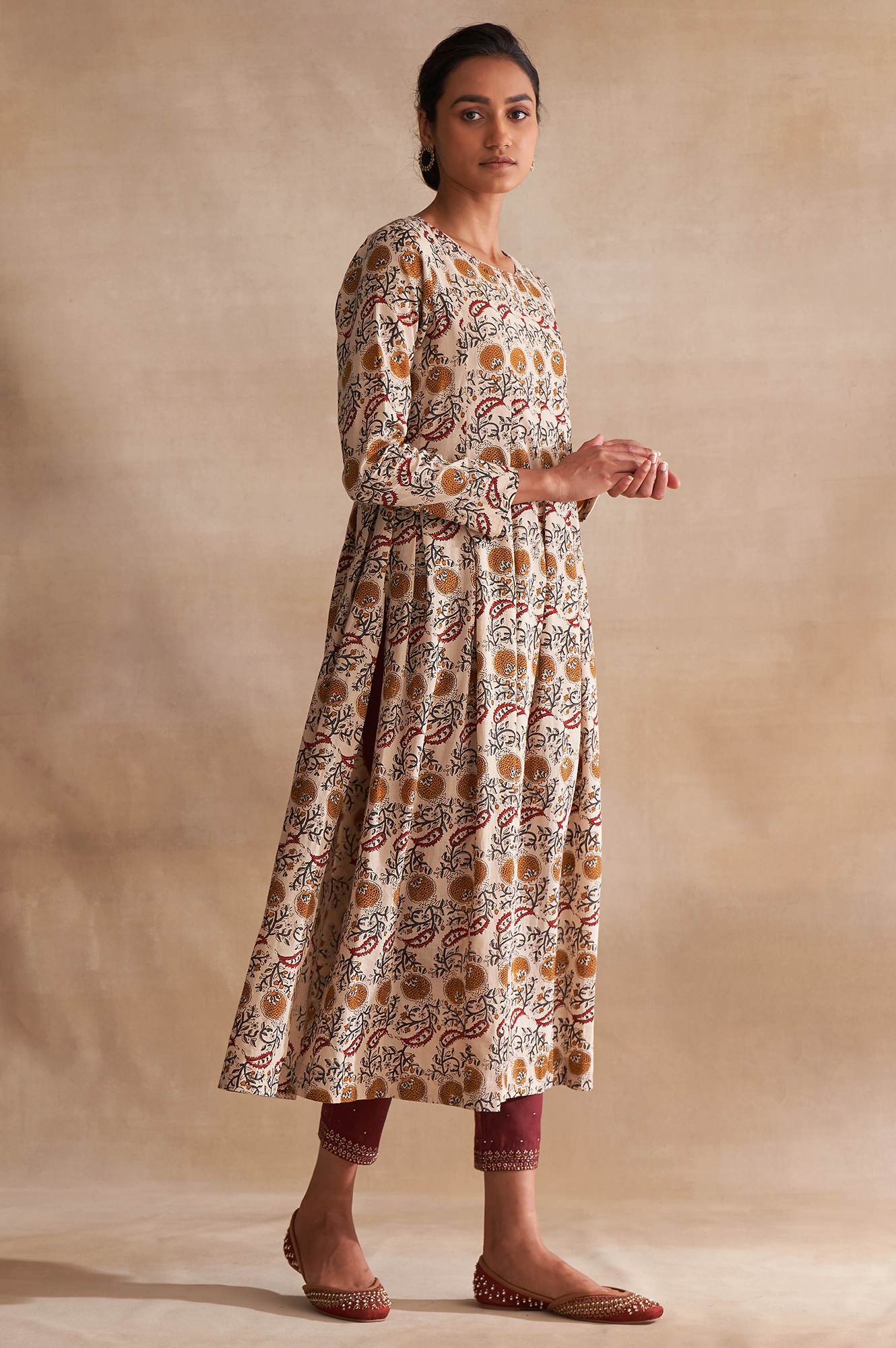Folksong By W Beige Block Print Pleated Longline kurta - Image 4