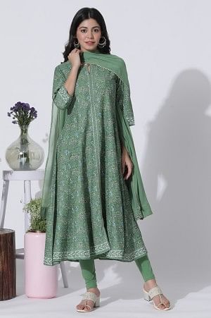 Forest Green Floral Printed Panelled Kurta, Tights And Dupatta Set - Image 2
