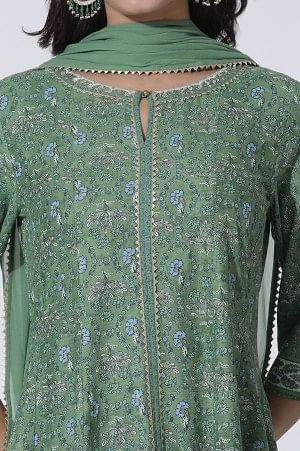 Forest Green Floral Printed Panelled Kurta, Tights And Dupatta Set - Image 6