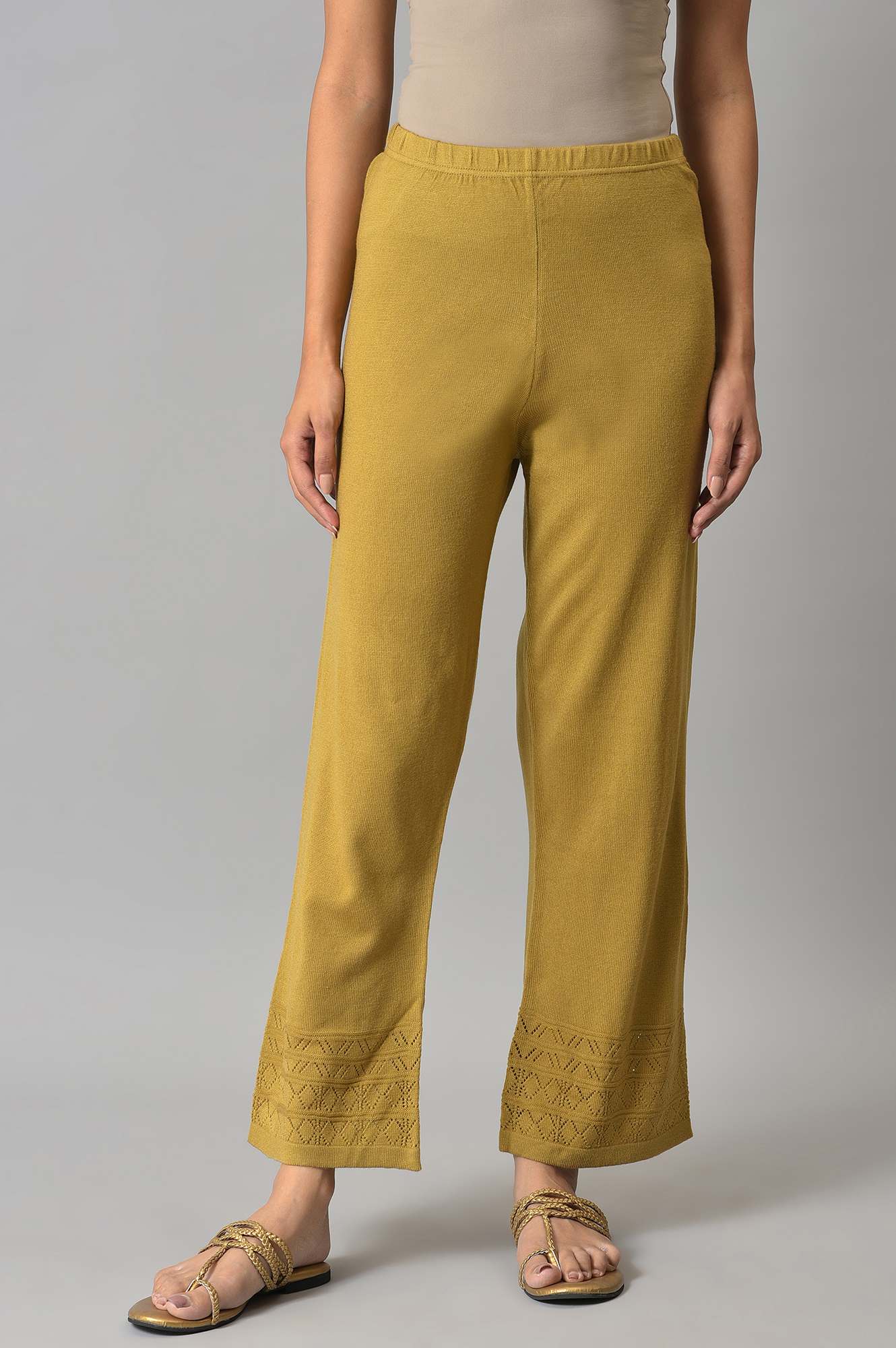Elleven Women's Gold Geometric Straight Fit Palazzo With Elasticated Waist