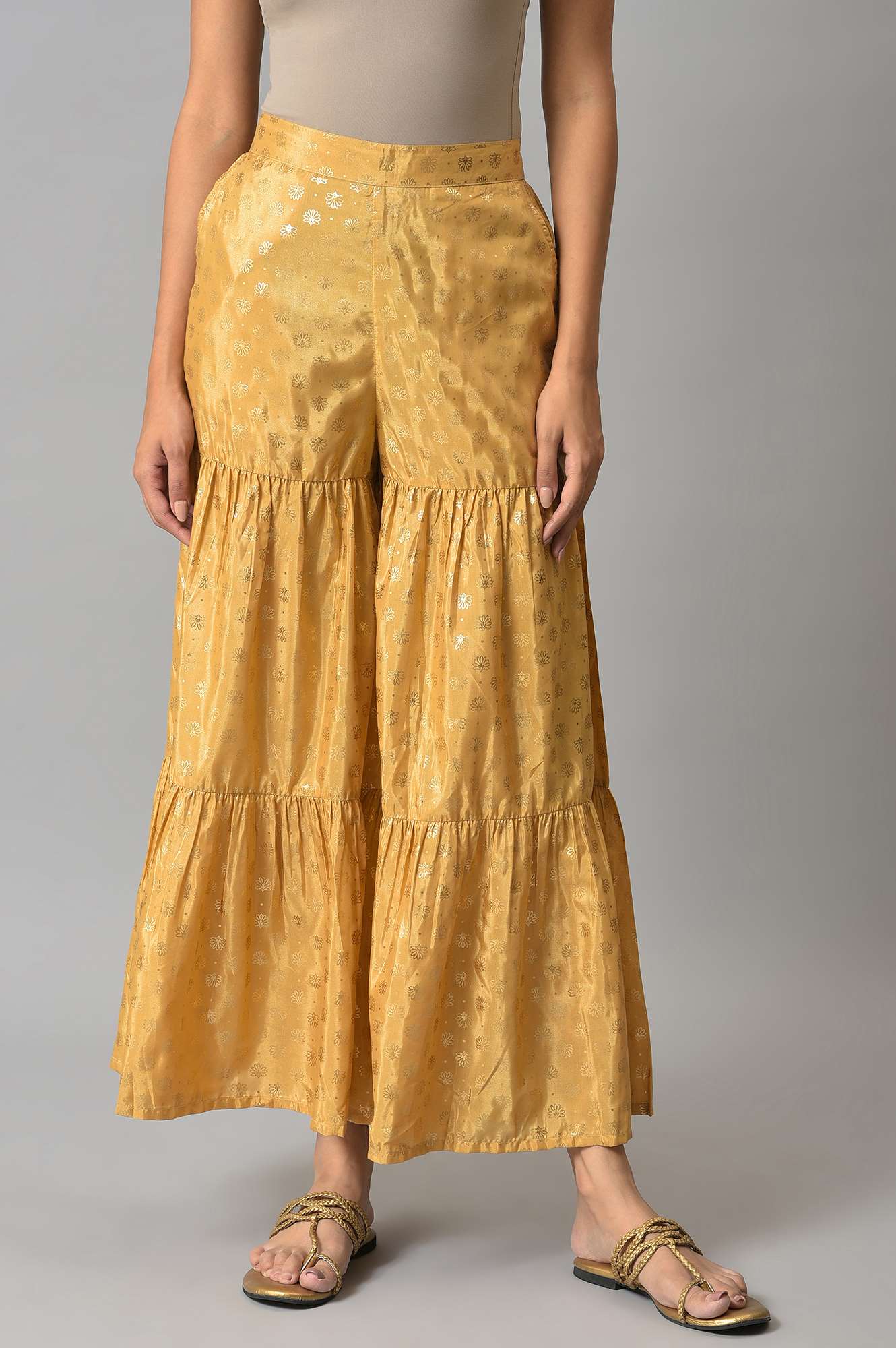 Elleven Women's Gold Floral Printed Flared Silk Palazzo With Elasticated Waist