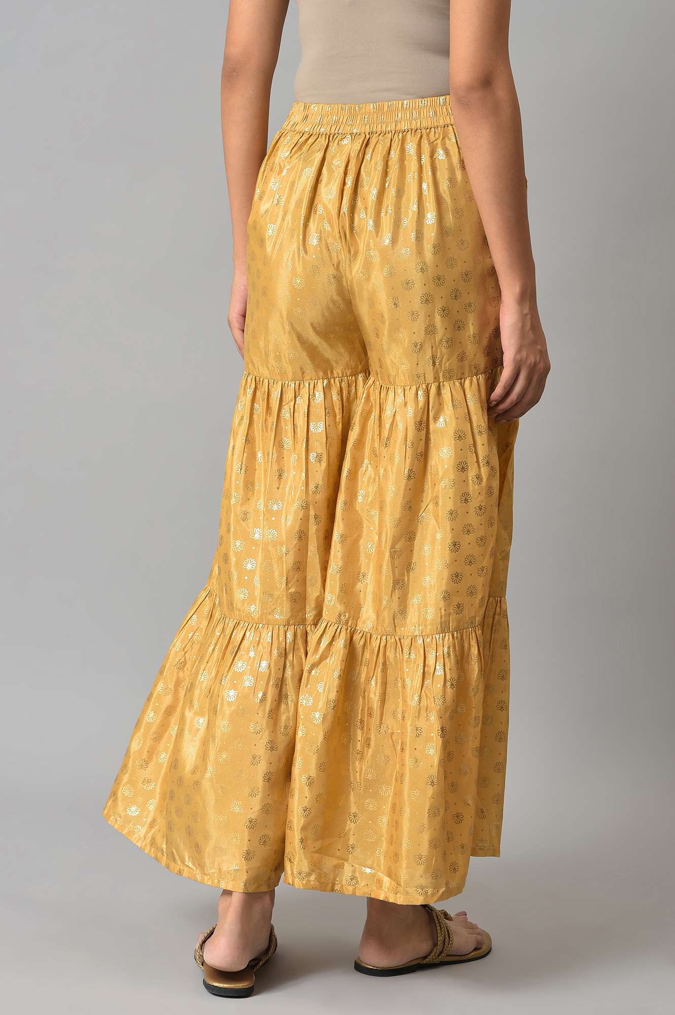 Elleven Women's Gold Floral Printed Flared Silk Palazzo With Elasticated Waist - Image 2