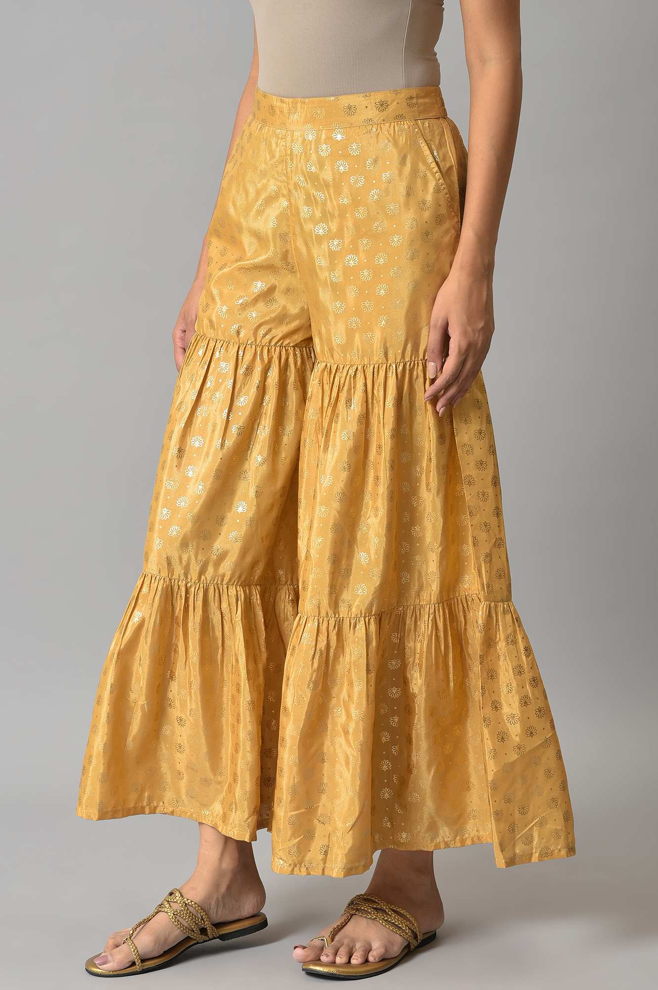 Elleven Women's Gold Floral Printed Flared Silk Palazzo With Elasticated Waist - Image 3
