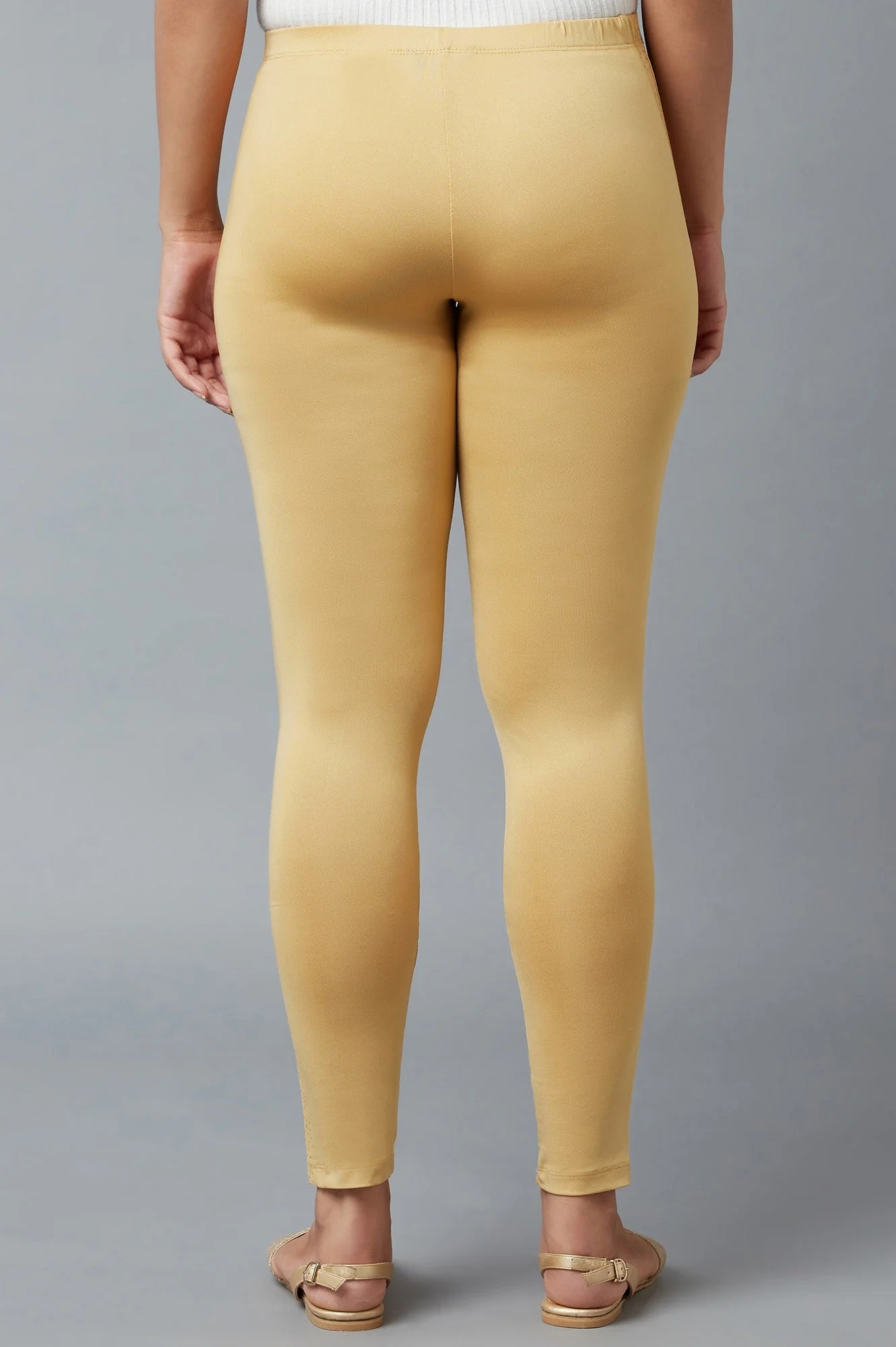Elleven Women's Gold Solid Skinny Poly Lycra Tights With Elasticated Waist - Image 2