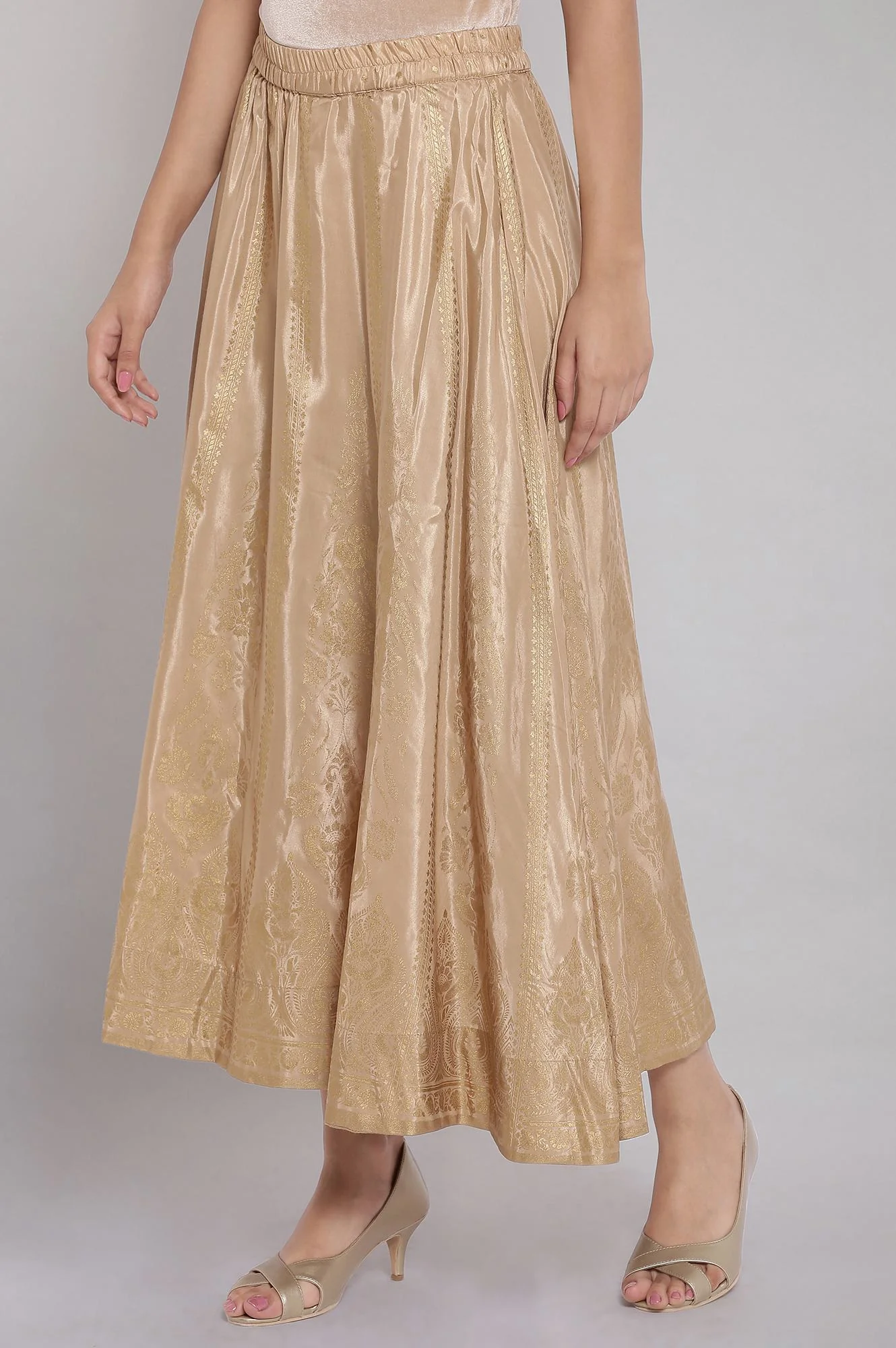 Gold Printed Flared Woven Skirt with Elasticated Waist - Image 3