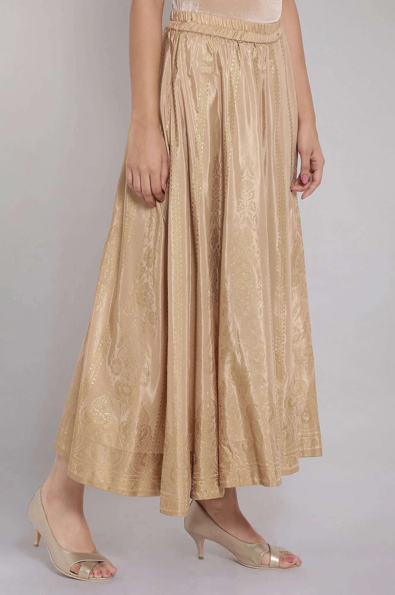 Gold Printed Flared Woven Skirt with Elasticated Waist - Image 4
