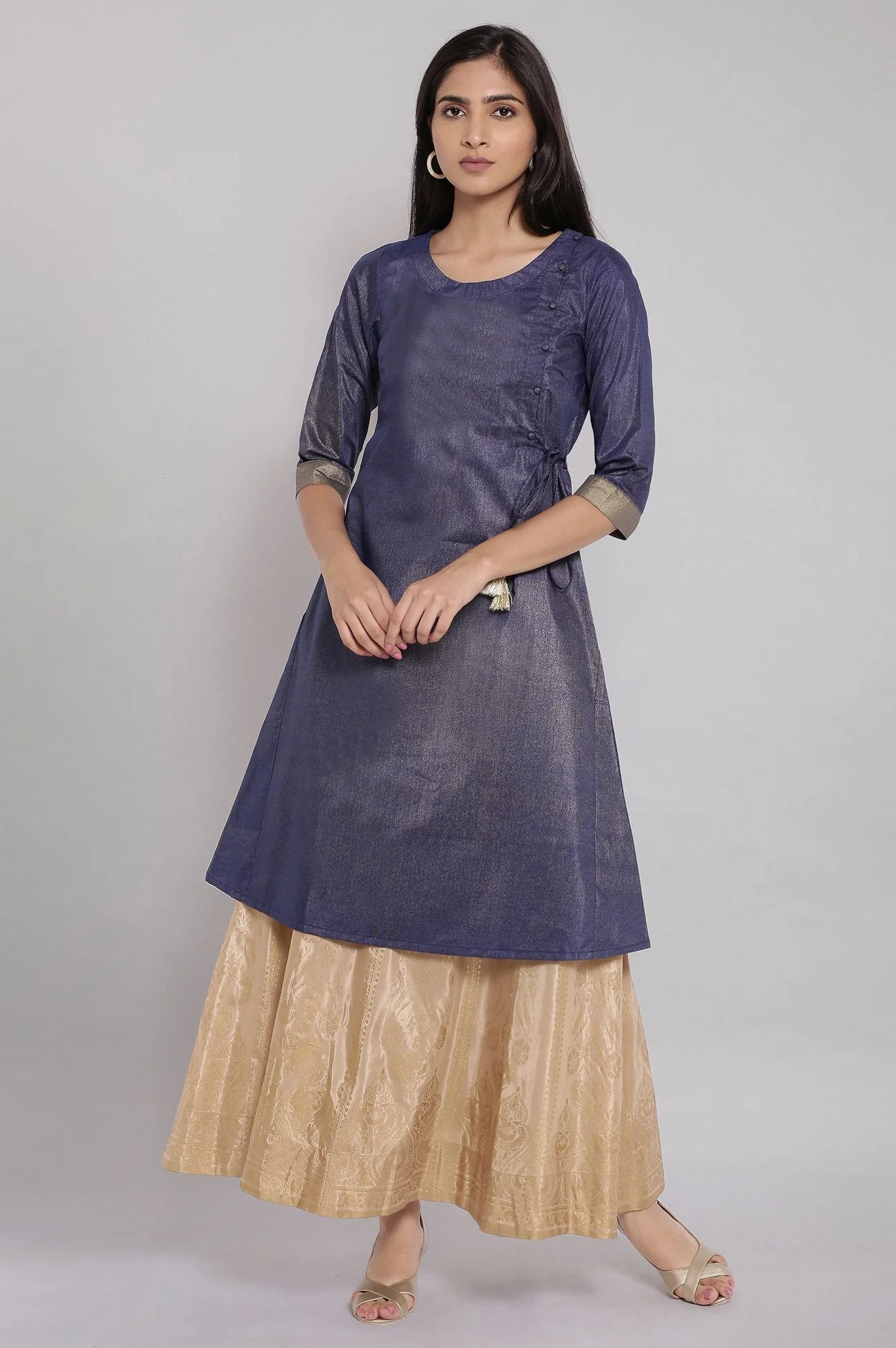 Gold Printed Flared Woven Skirt with Elasticated Waist - Image 5