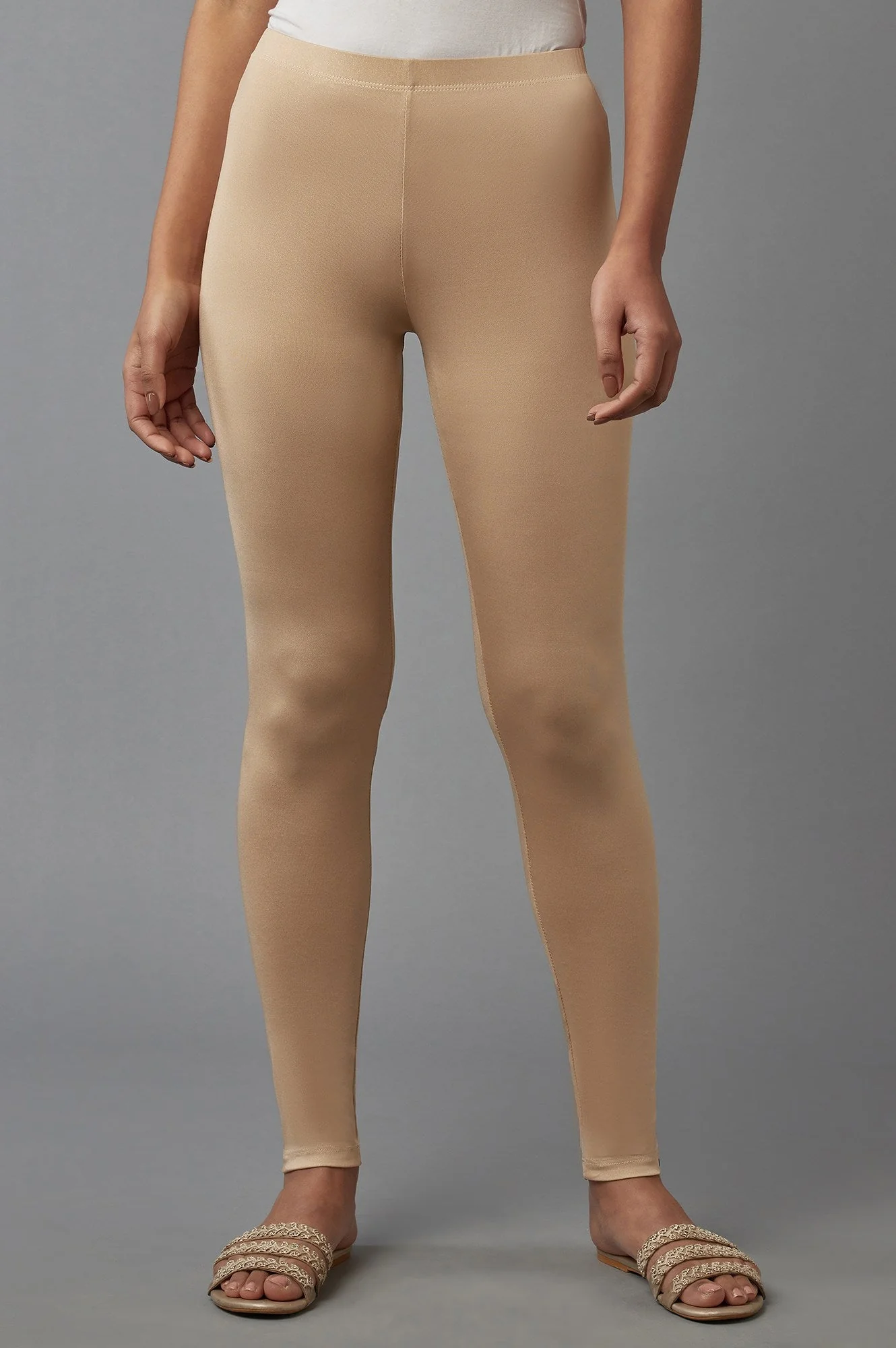 Elleven Women's Gold Solid Skinny Fit Tights With Elasticated Waist