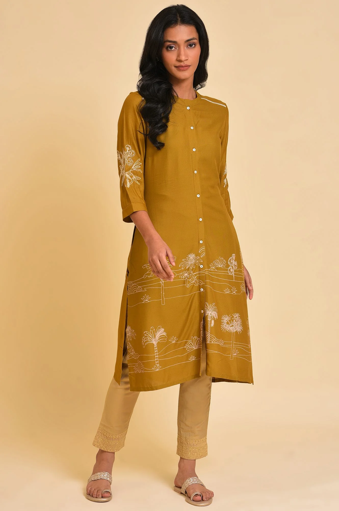 Gold Solid Light Festive Plus Size Slim Pants - Image 5