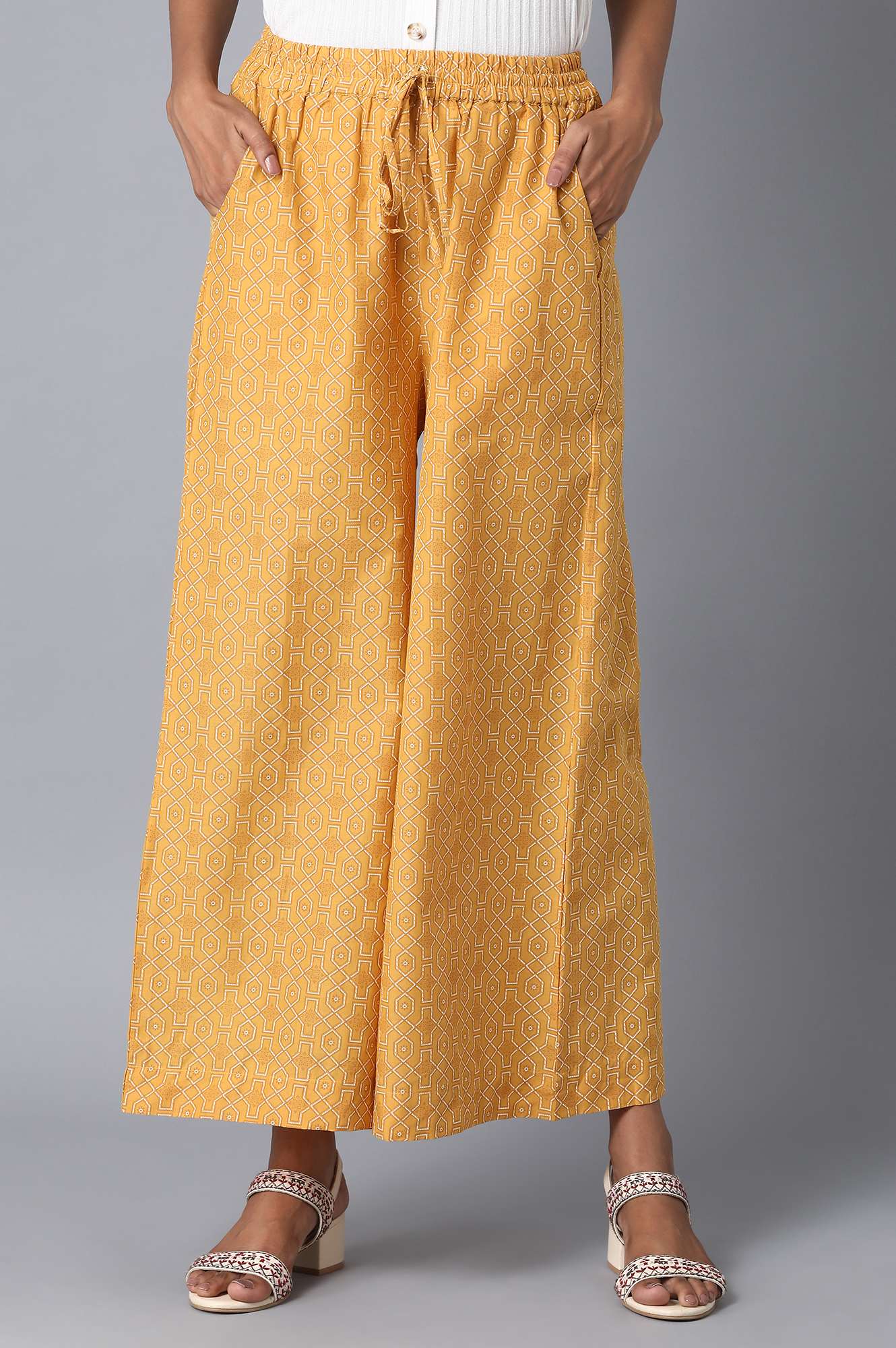 Elleven Women's Mustard Geometric Printed Straight-fit Cotton Palazzo with Drawstring
