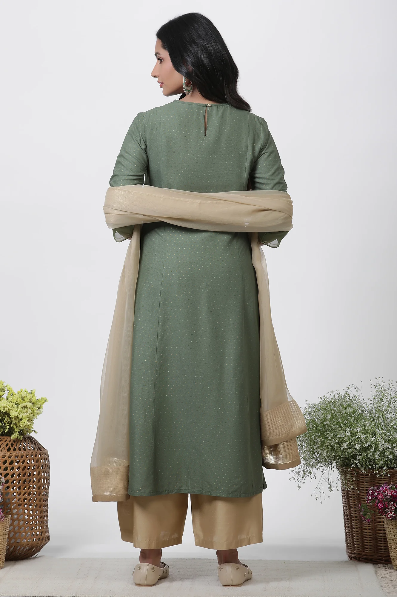 Green A-Line Embroidered Kurta, Parallel Pants And Dupatta Set - Image 4