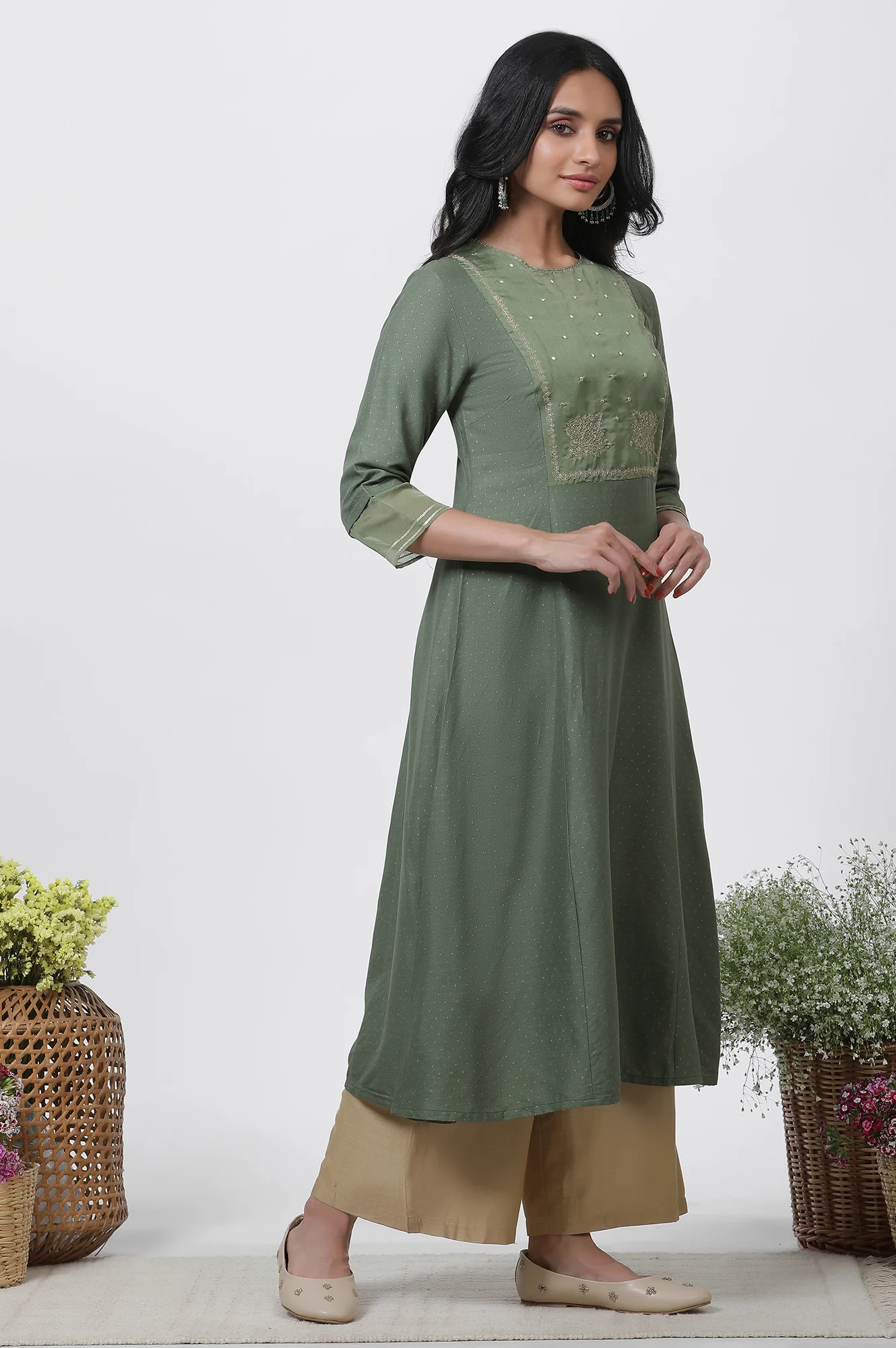 Green A-Line Embroidered Kurta, Parallel Pants And Dupatta Set - Image 5