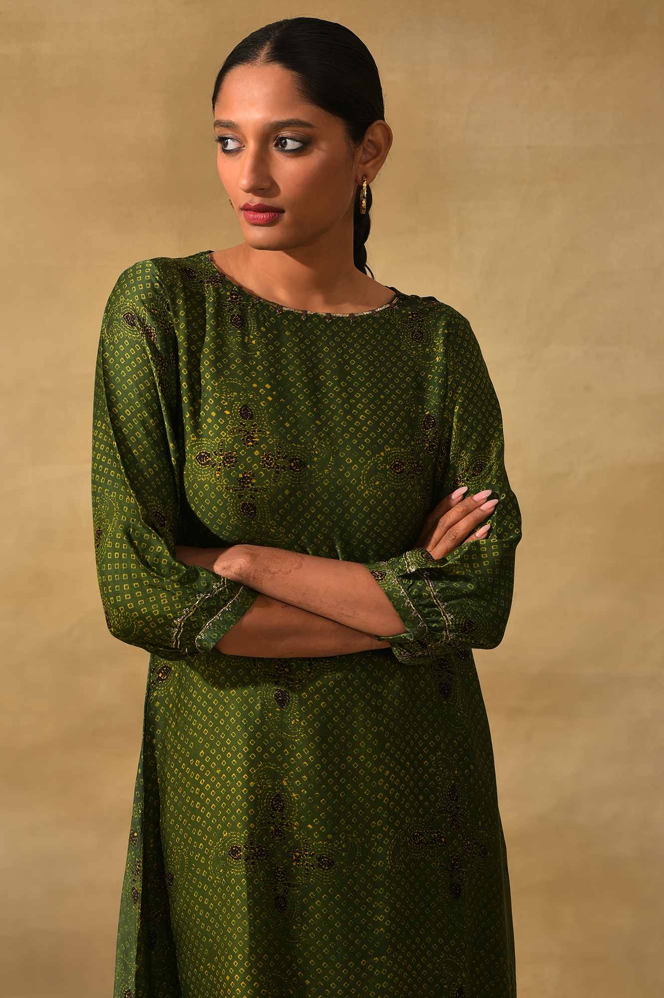 Green Ajrakh Print kurta In Modal Satin - Image 5