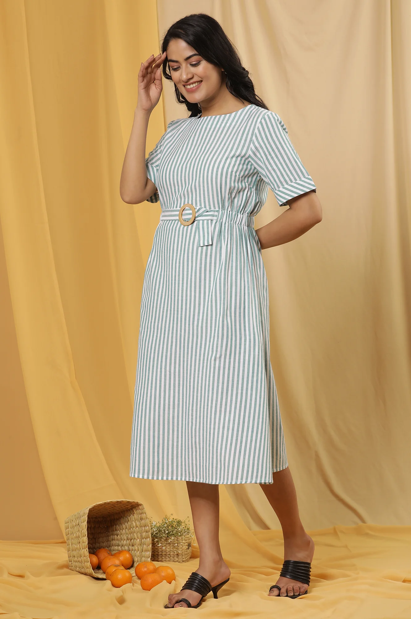 Green And White Yarn Dyed Stripe Dress - Image 3