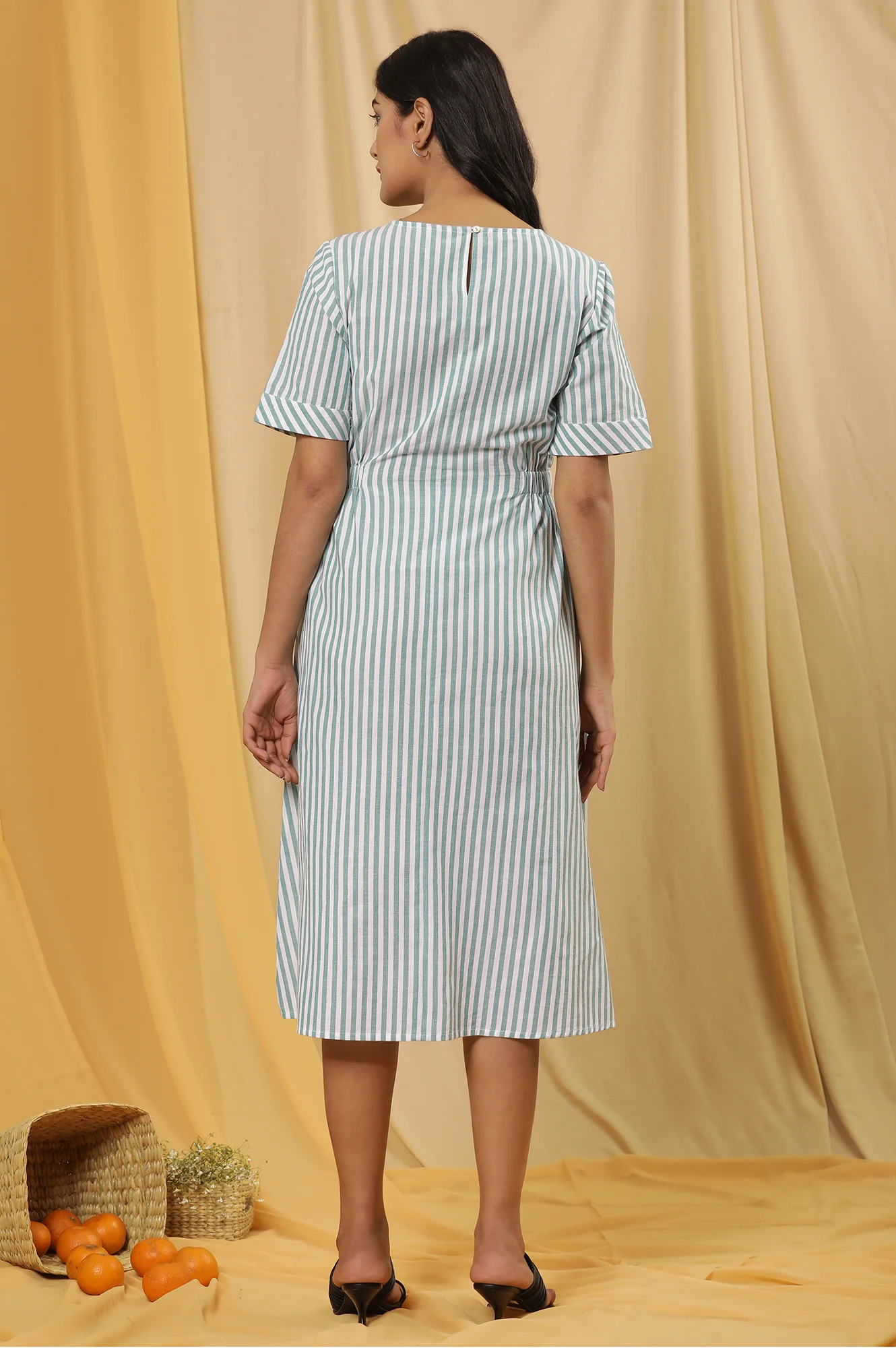 Green And White Yarn Dyed Stripe Dress - Image 4