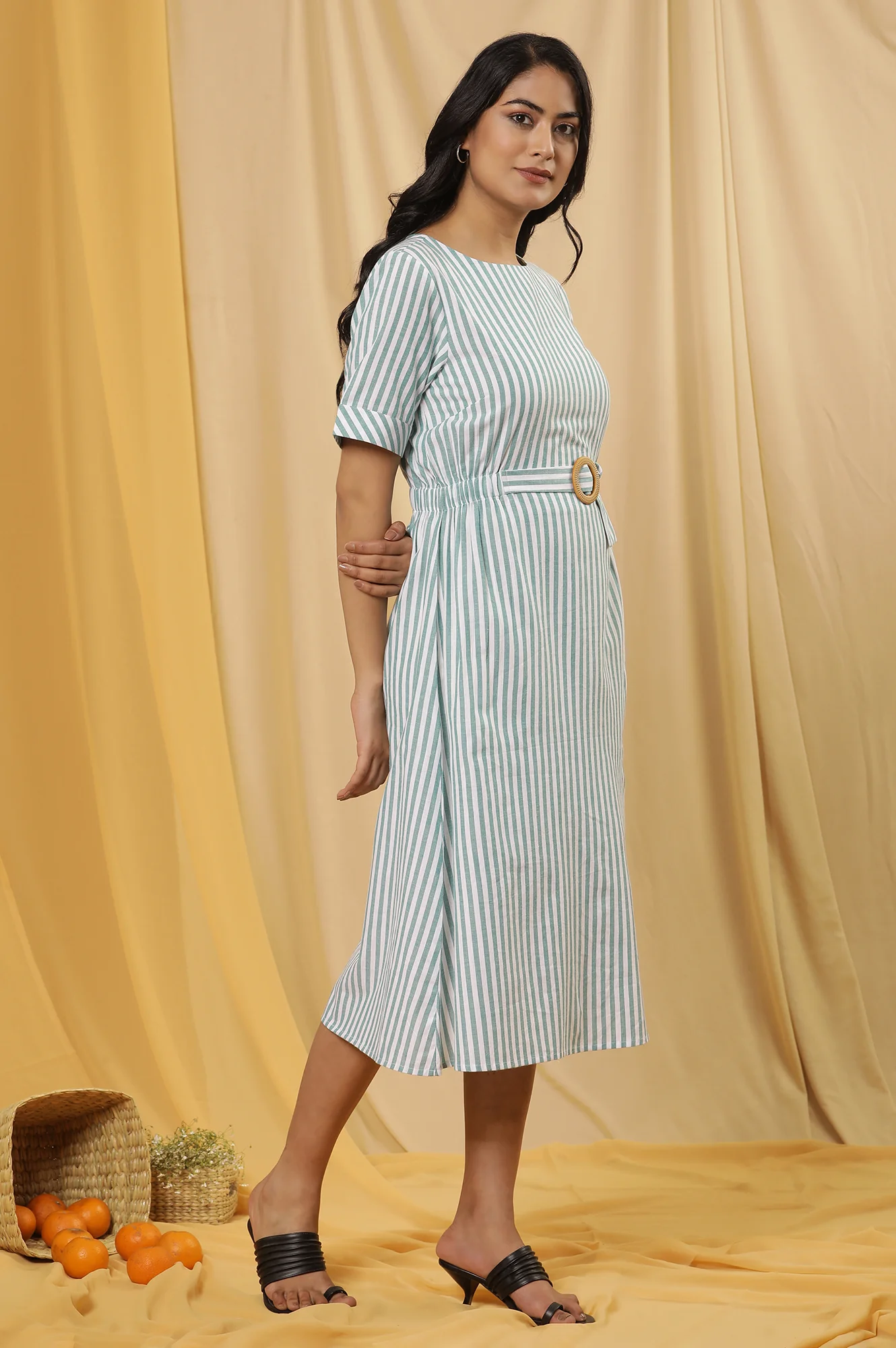 Green And White Yarn Dyed Stripe Dress - Image 5