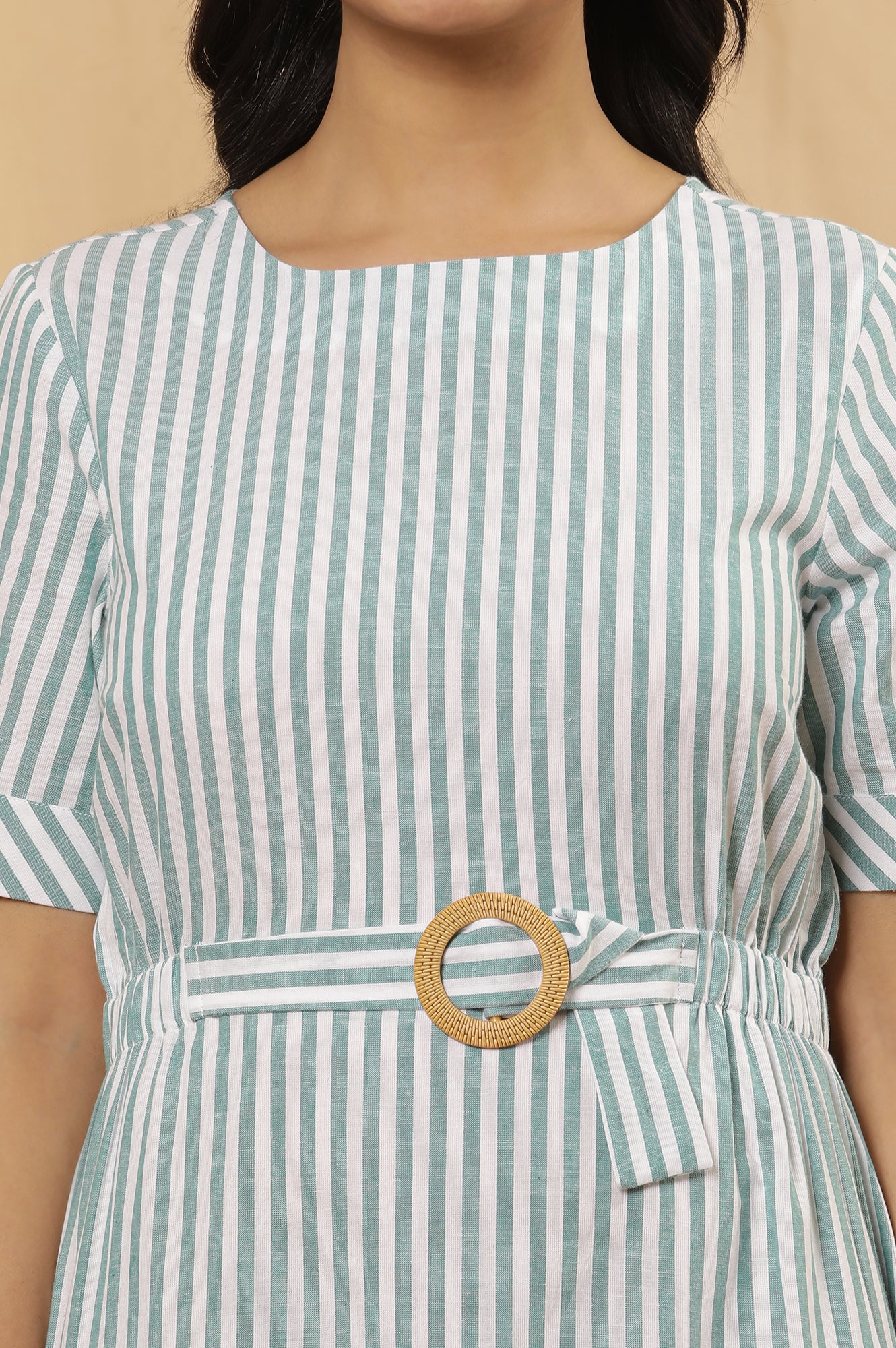 Green And White Yarn Dyed Stripe Dress - Image 6