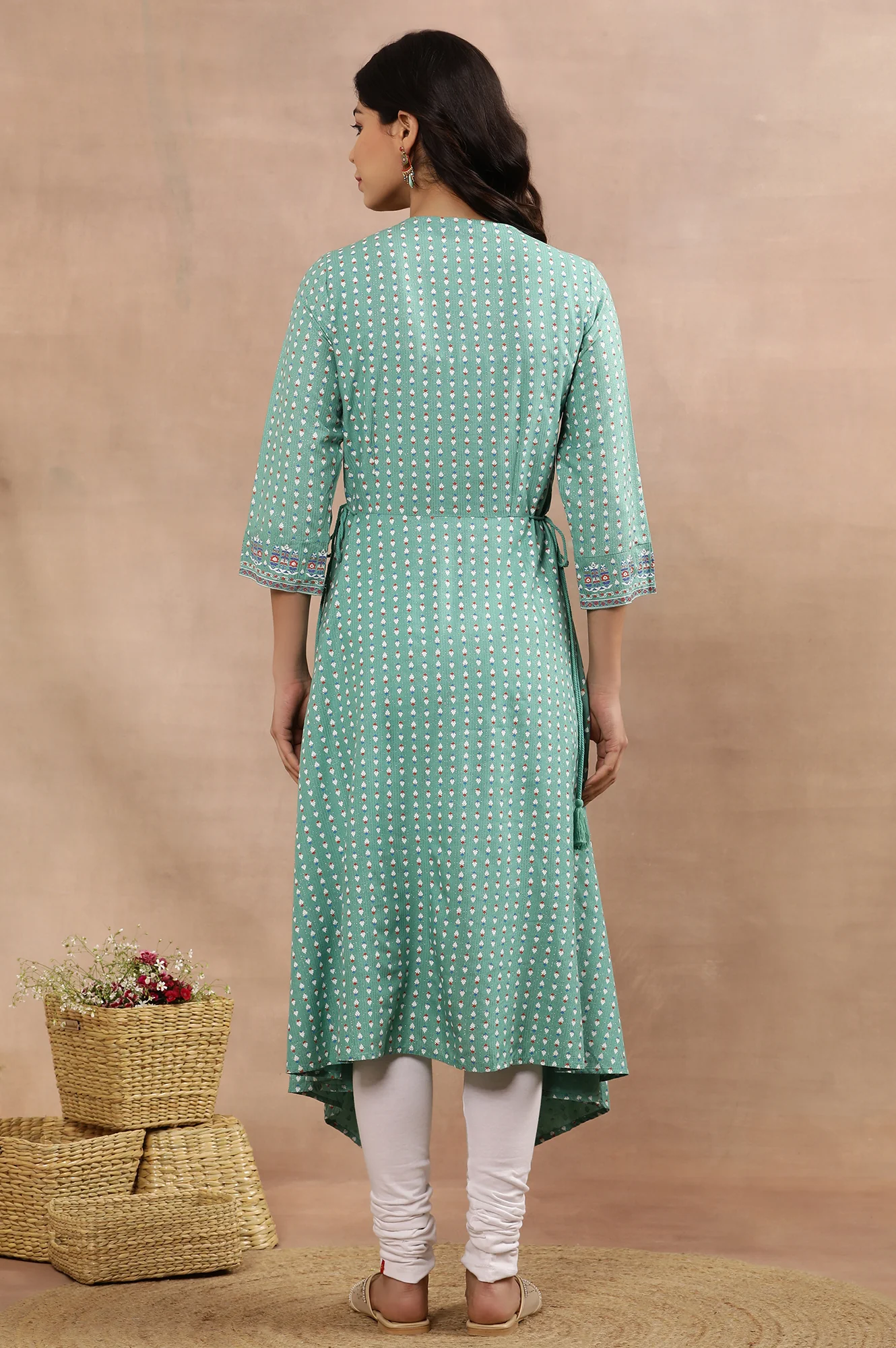 Green Asymmetrical Printed Kurta And Churidar Set - Image 4