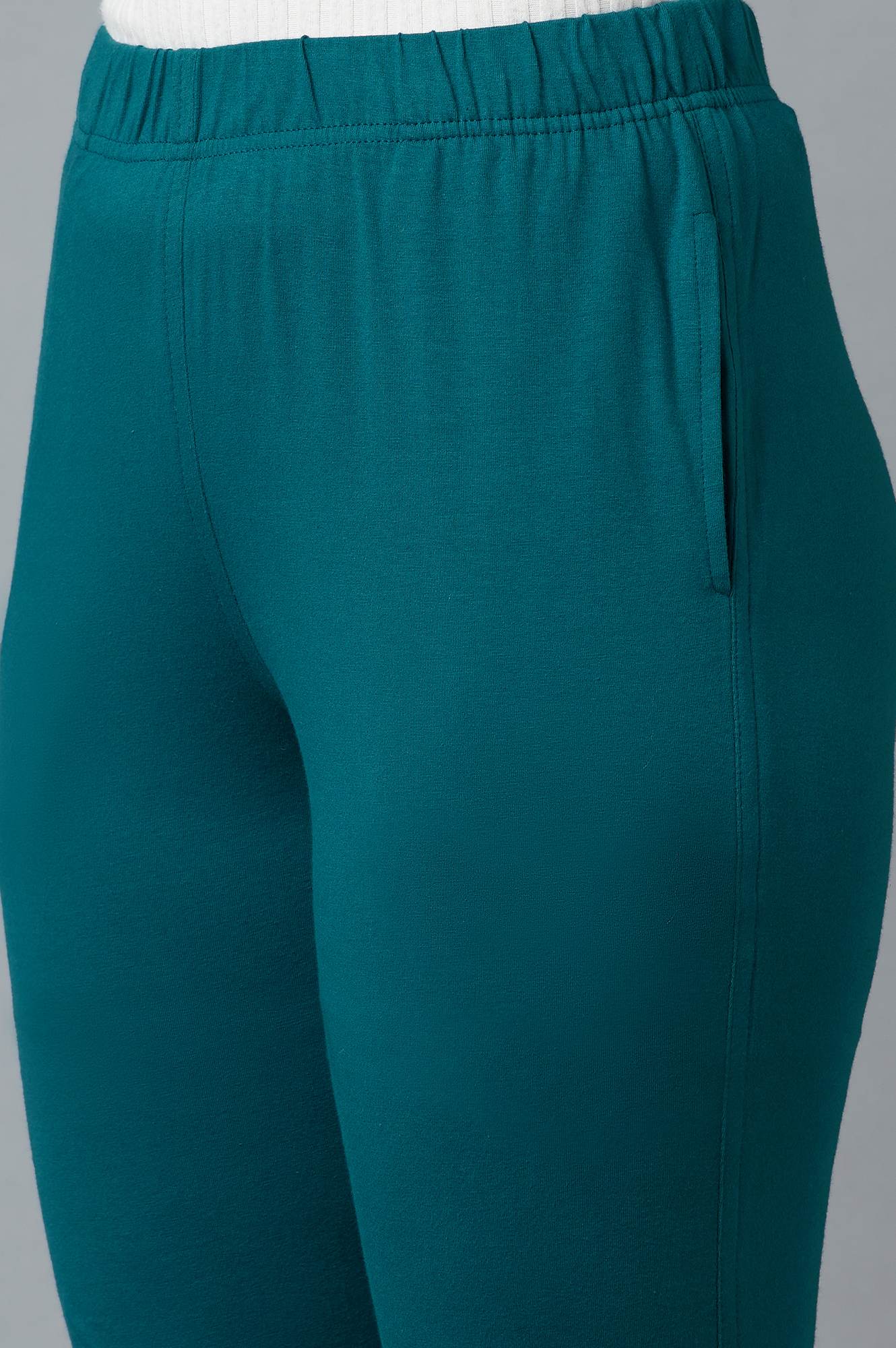 Teal Green Solid Regular Fit Cotton Pants with Elasticated Waist - Image 6