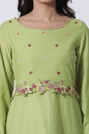Green Embroidered A-Line Cotton Kurta And Tights Set - Image 6