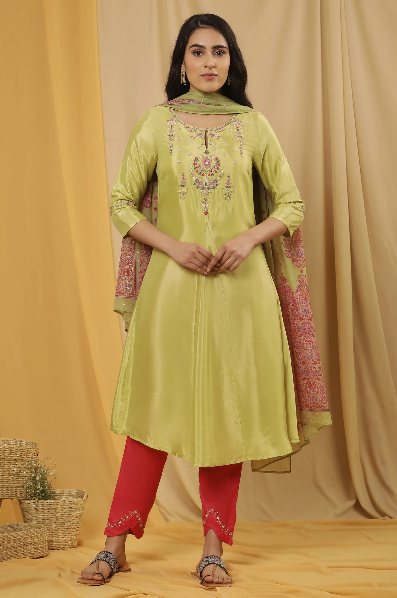 Green Embroidered A-Line Kurta, Embroidered Slim Pants And Dupatta Set - Image 2