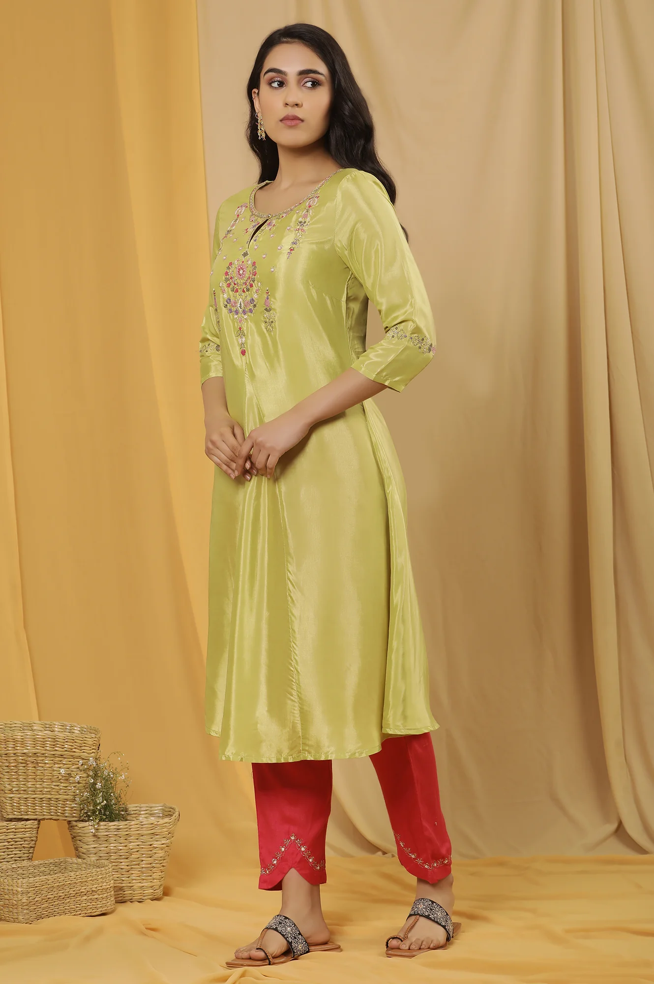 Green Embroidered A-Line Kurta, Embroidered Slim Pants And Dupatta Set - Image 3