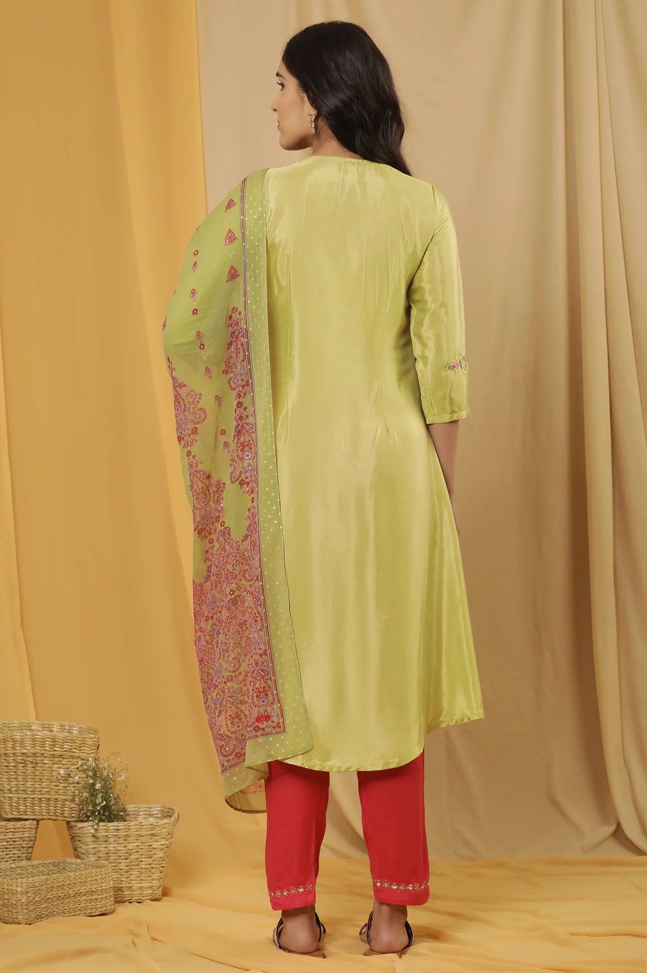 Green Embroidered A-Line Kurta, Embroidered Slim Pants And Dupatta Set - Image 4
