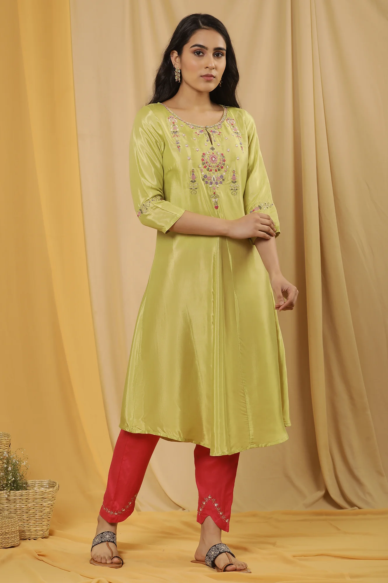 Green Embroidered A-Line Kurta, Embroidered Slim Pants And Dupatta Set - Image 5
