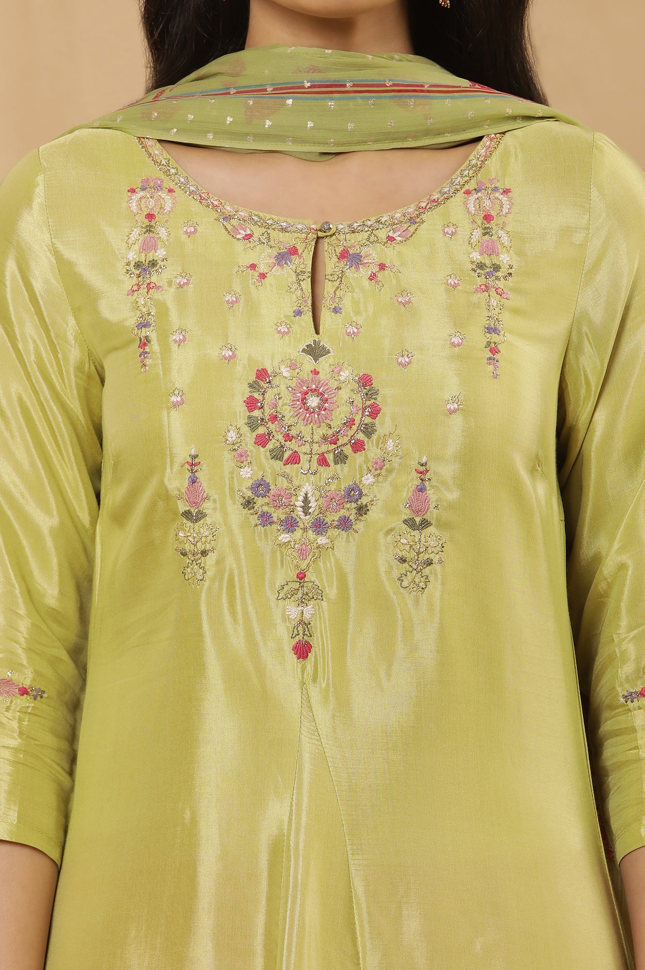 Green Embroidered A-Line Kurta, Embroidered Slim Pants And Dupatta Set - Image 6