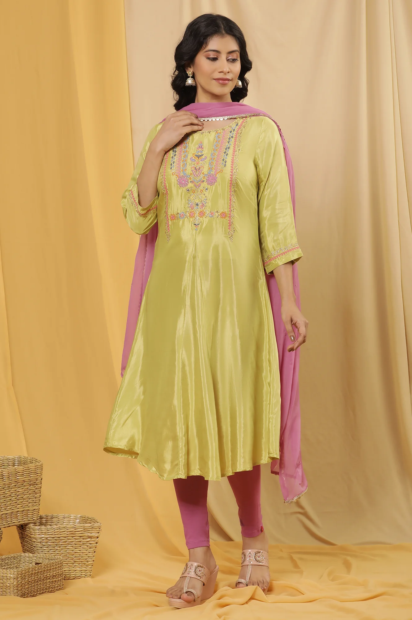 Green Embroidered A-Line Kurta, Tights And Dupatta Set - Image 2