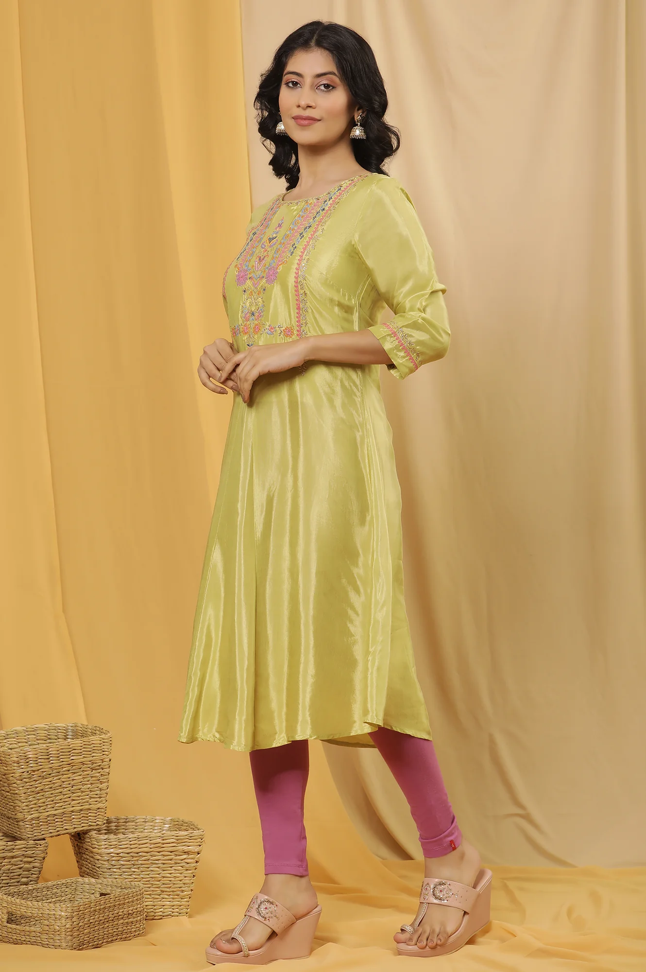 Green Embroidered A-Line Kurta, Tights And Dupatta Set - Image 3