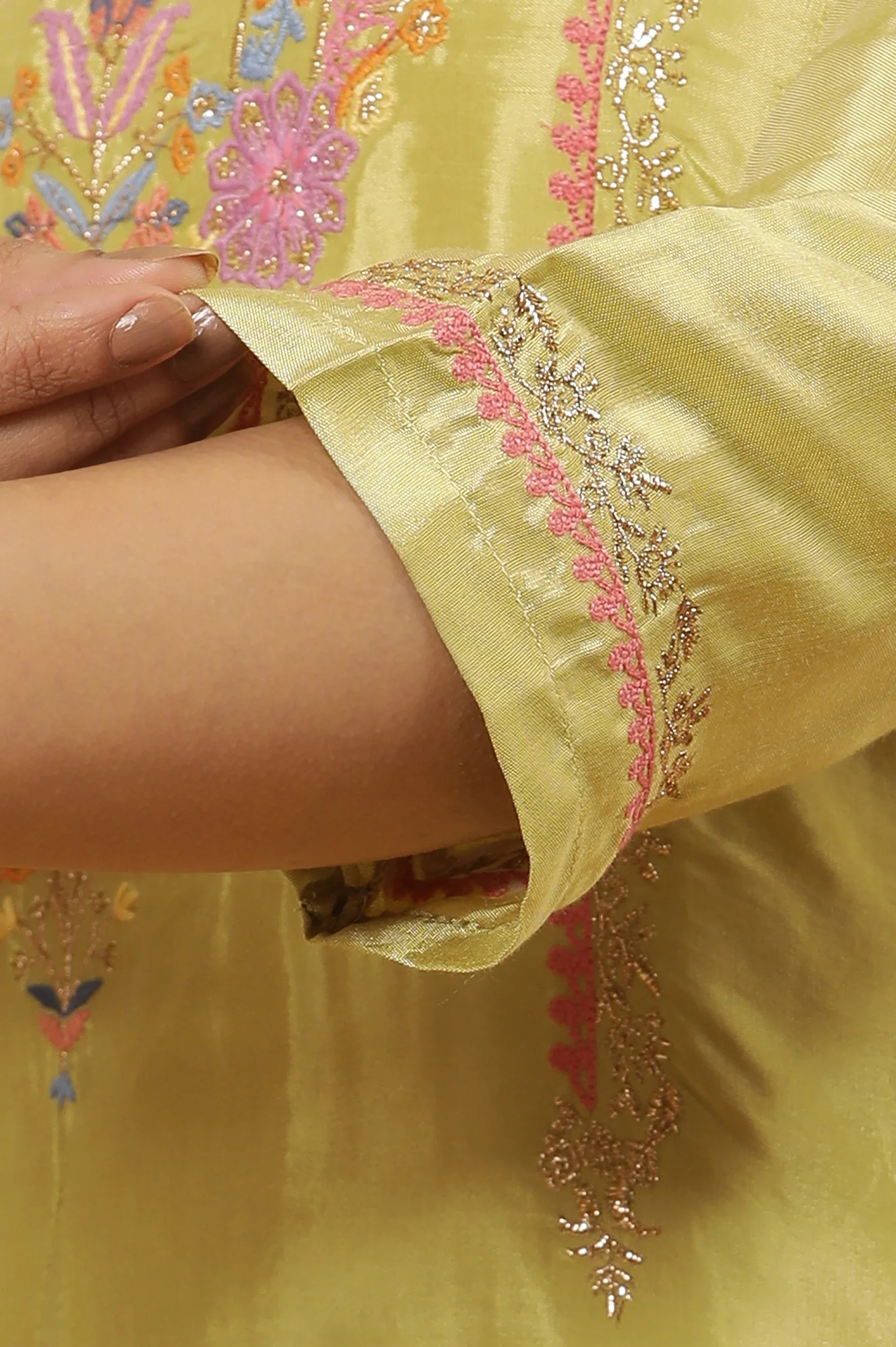 Green Embroidered A-Line Kurta, Tights And Dupatta Set - Image 7