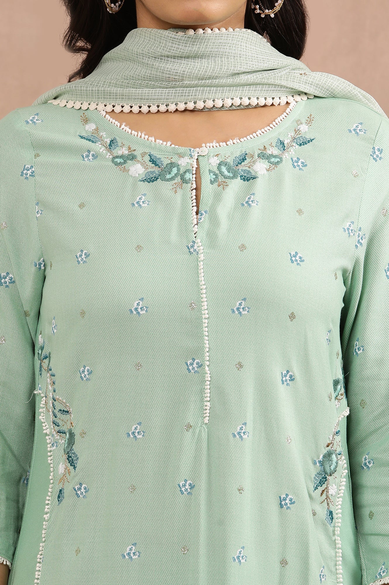 Green Embroidered Kurta, Pants And Kota Dupatta Set - Image 6