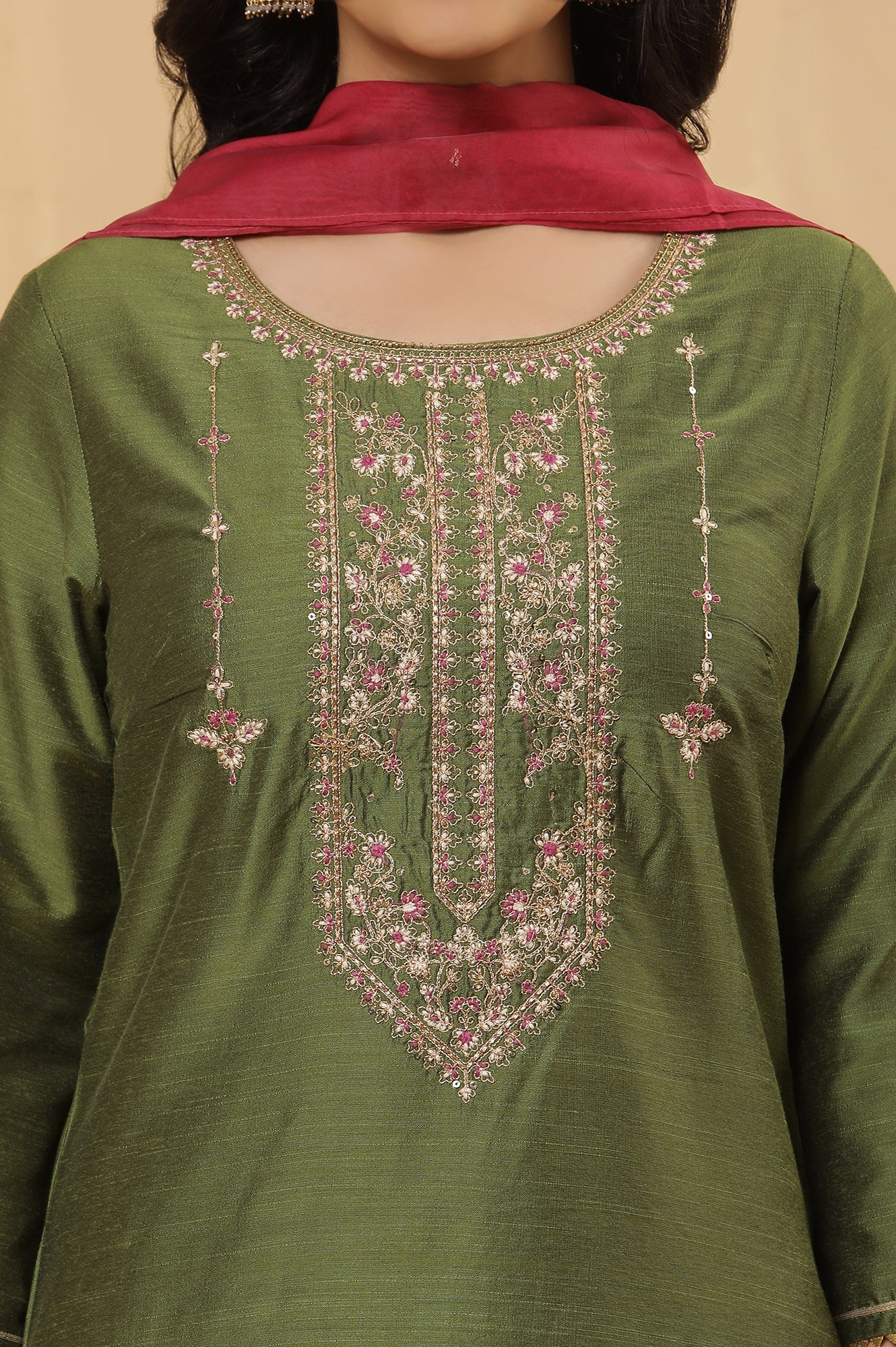 Green Embroidered Kurta, Pants And Organza Dupatta Set - Image 6