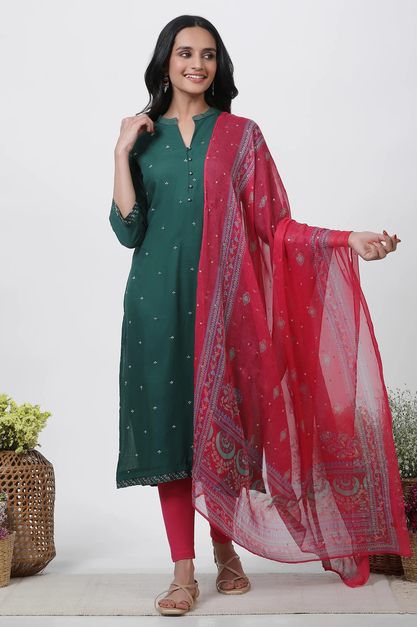Green Embroidered Kurta, Tights And Dupatta Set - Image 2